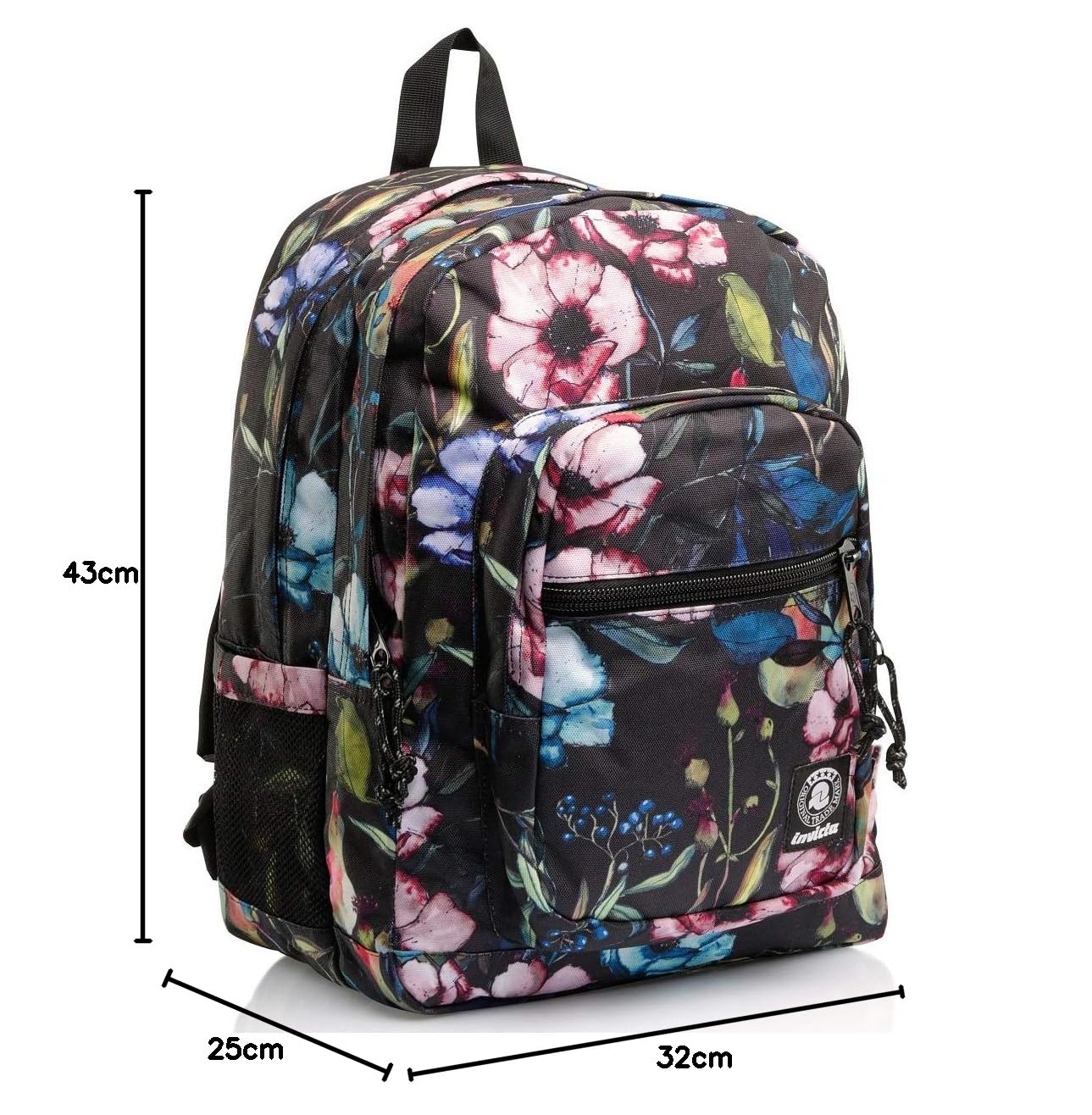 Invicta Jelek Zaino Scuola Media Ragazza, Scuola Elementare, Scomparto PC, Tasca Borraccia, nero fiori