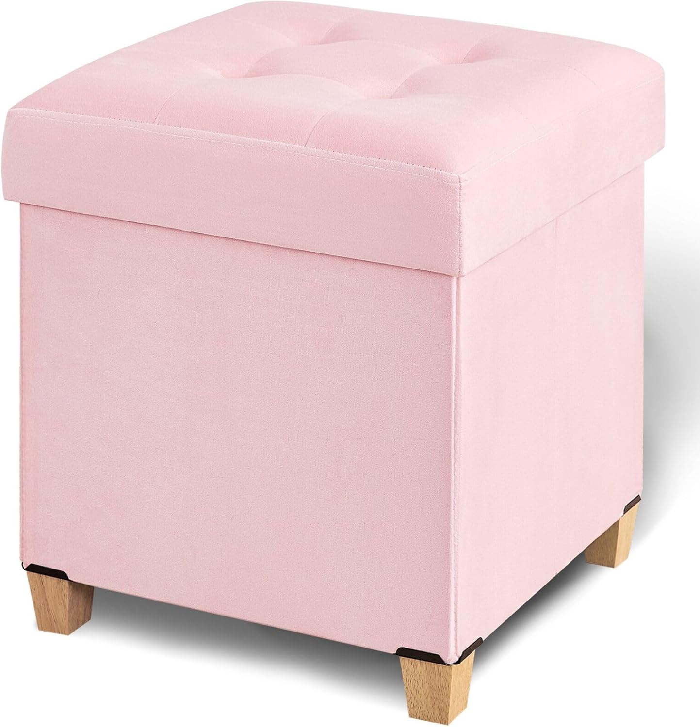 17.7" Square Ottoman with Storage, Storage Ottoman Foot Stool with Lid & Solid Wood Legs, Velvet Ottomans for Living Room, Bedroom, Dorm, Pink