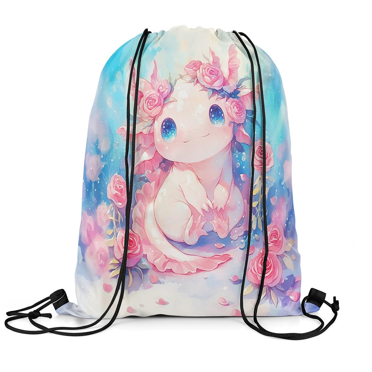 Loussiesd Cute Axolotl Drawstring Backpack 40cmx33cm Cartoon Axolotl Sports Drawstring Sackpack for Pink Floral Drawstring Bags Ocean Theme Waterproof Cinch Bag