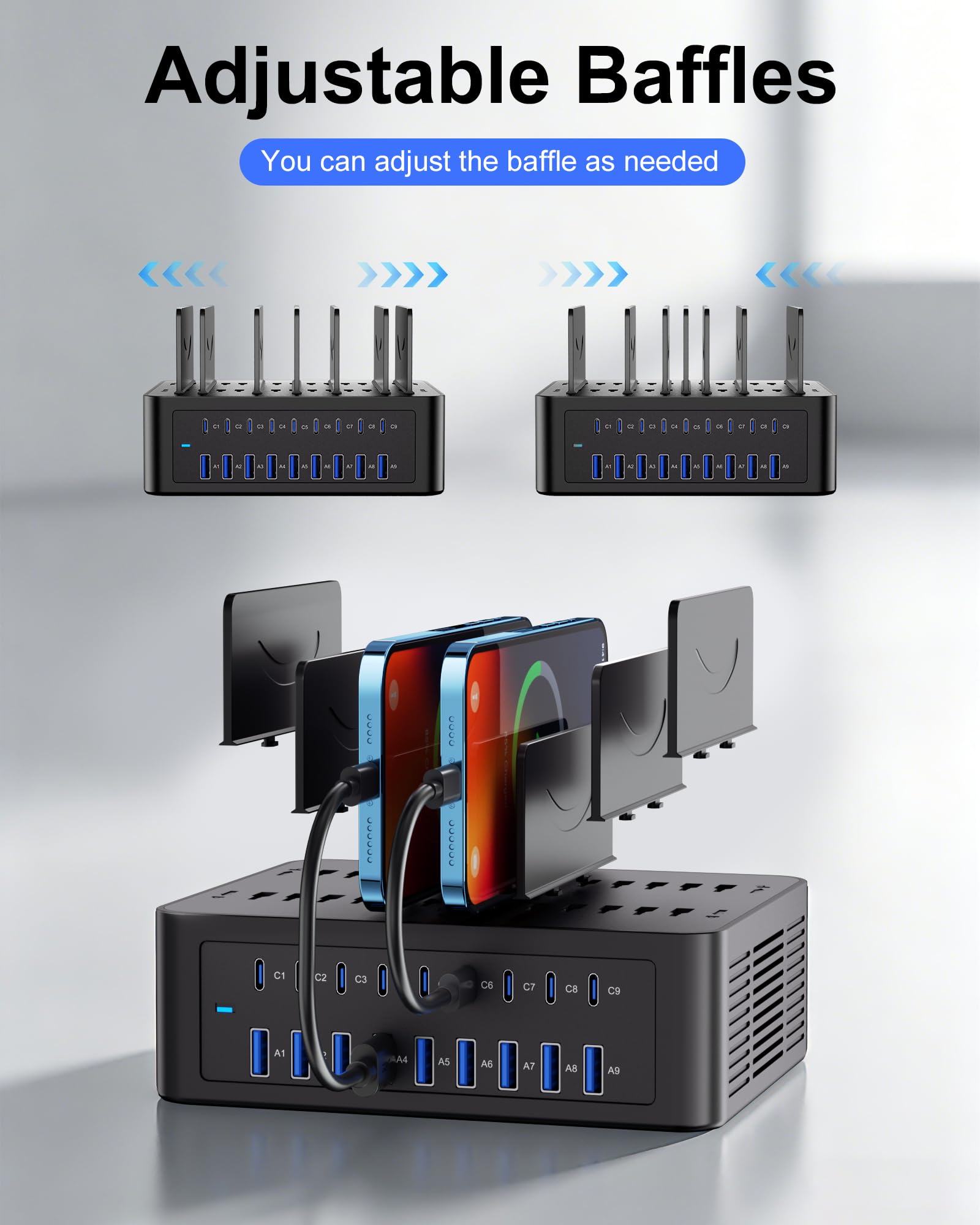 Estación de carga de 200 W/40 A para múltiples dispositivos, cargador rápido USB C de 18 puertos | Con separadores ajustables, base de carga organizadora múltiple para smartphone, iPad, Kindle, tableta y más