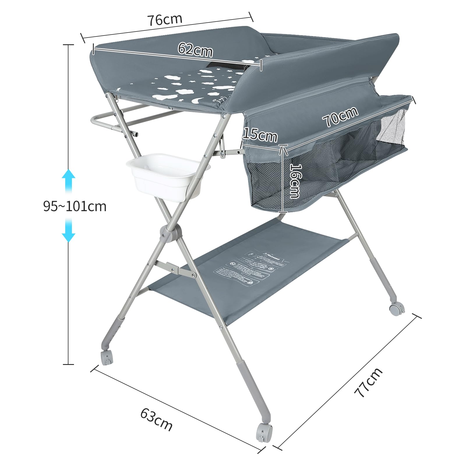 Cambiador Bebé, Cambiador Plegable Bebe, Tela Impermeable y Fácil de Limpiar, Cambiador Bebe Gran Espacio de Almacenaje, Tela Oxford, 4 Ruedas con Freno-80 * 58 * 90cm-gris oscuro