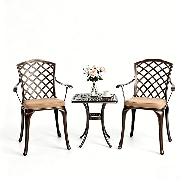 VINGLI 3-Piece Outdoor Bistro Set, All-Weather Cast Aluminum Patio Table & 2 Chairs Rustproof Small Outside Chairs for Lawn Garden Deck Pool with Cushion