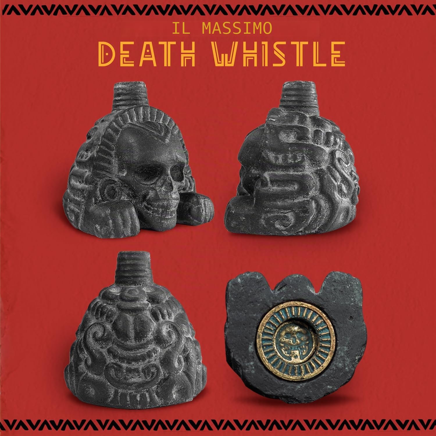 Itzcoehua, Fischietto della morte azteco in ossidiana nera autentico, emette suoni simili a vere urla umane fortissime, a +125 decibel