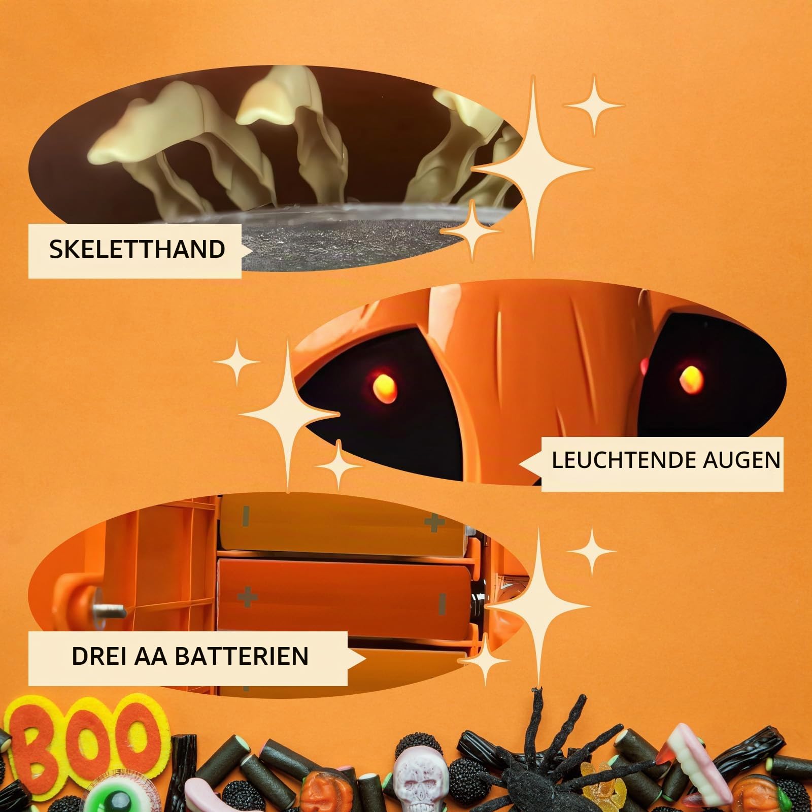 Baoblaze Halloween-Kürbis-Bonbonschale, animierte Halloween-Totenkopfschale, gruselige Requisiten, realistisch mit beweglicher Skeletthand für die