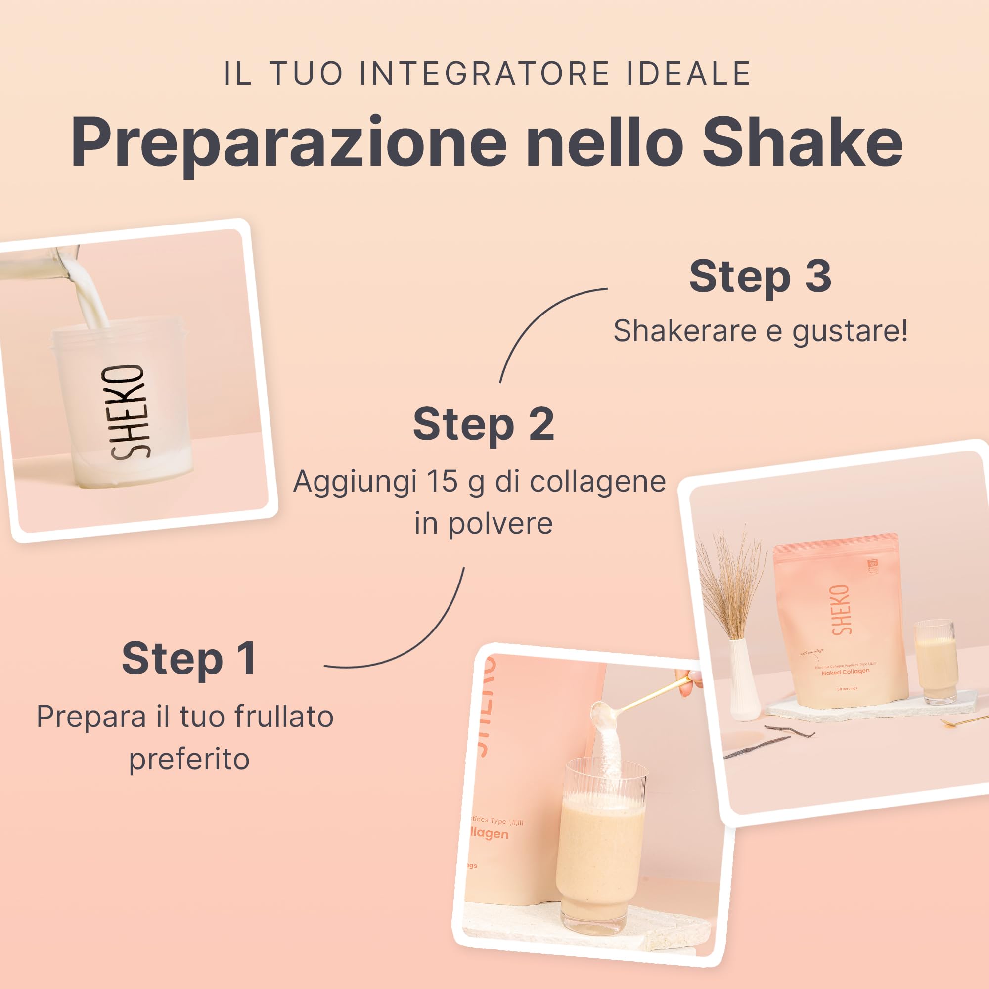 SHEKO Collagene Idrolizzato 450g - Natural Bioactive Collagen Powder - Peptidi di tipo 1, 2, 3 - Collagene in polvere - Qualità purissima - Solubilità ottimale - Proteine in polvere