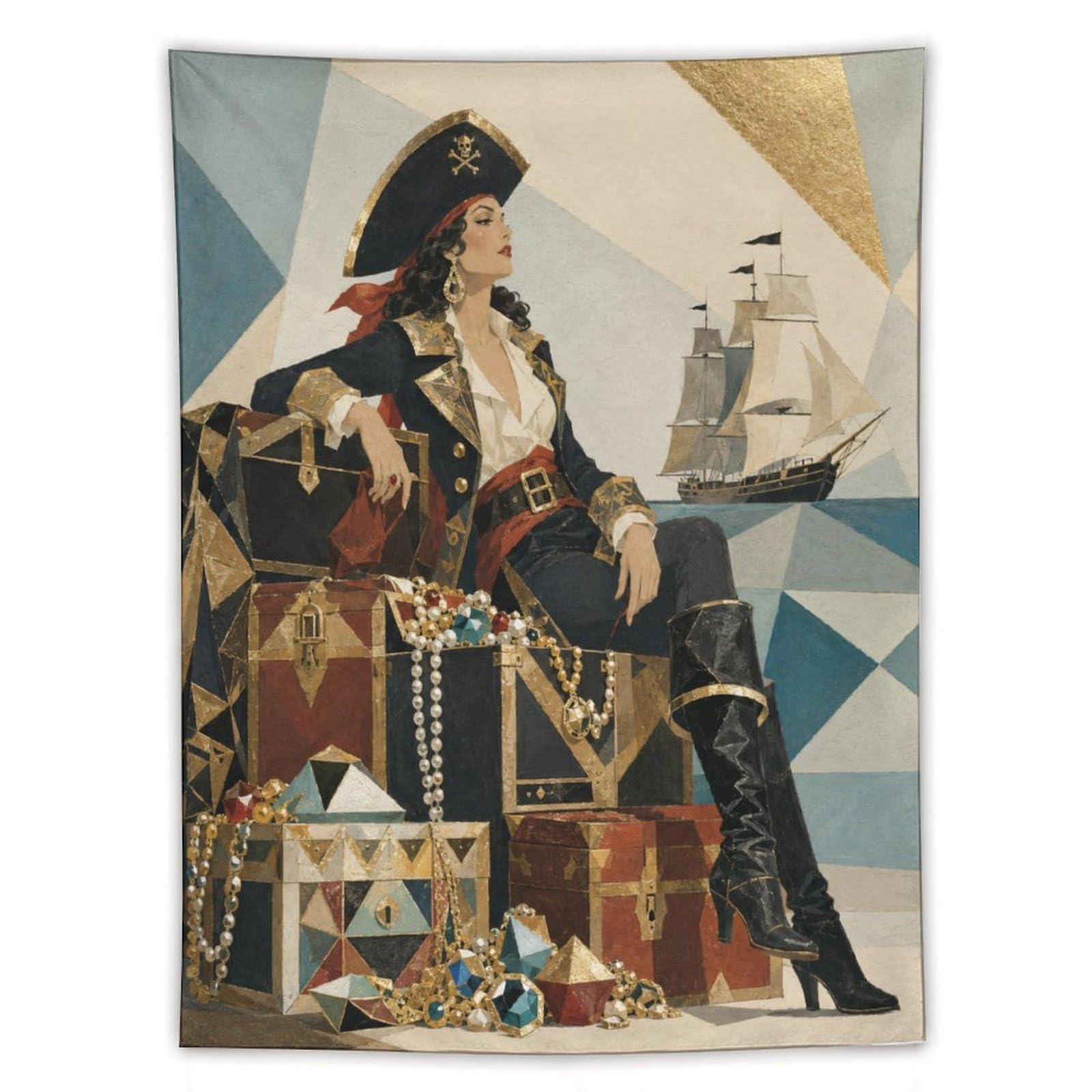 H3B8U2Y5 Pirate Queen on Treasure Chest Wall Tapestry, Living Room