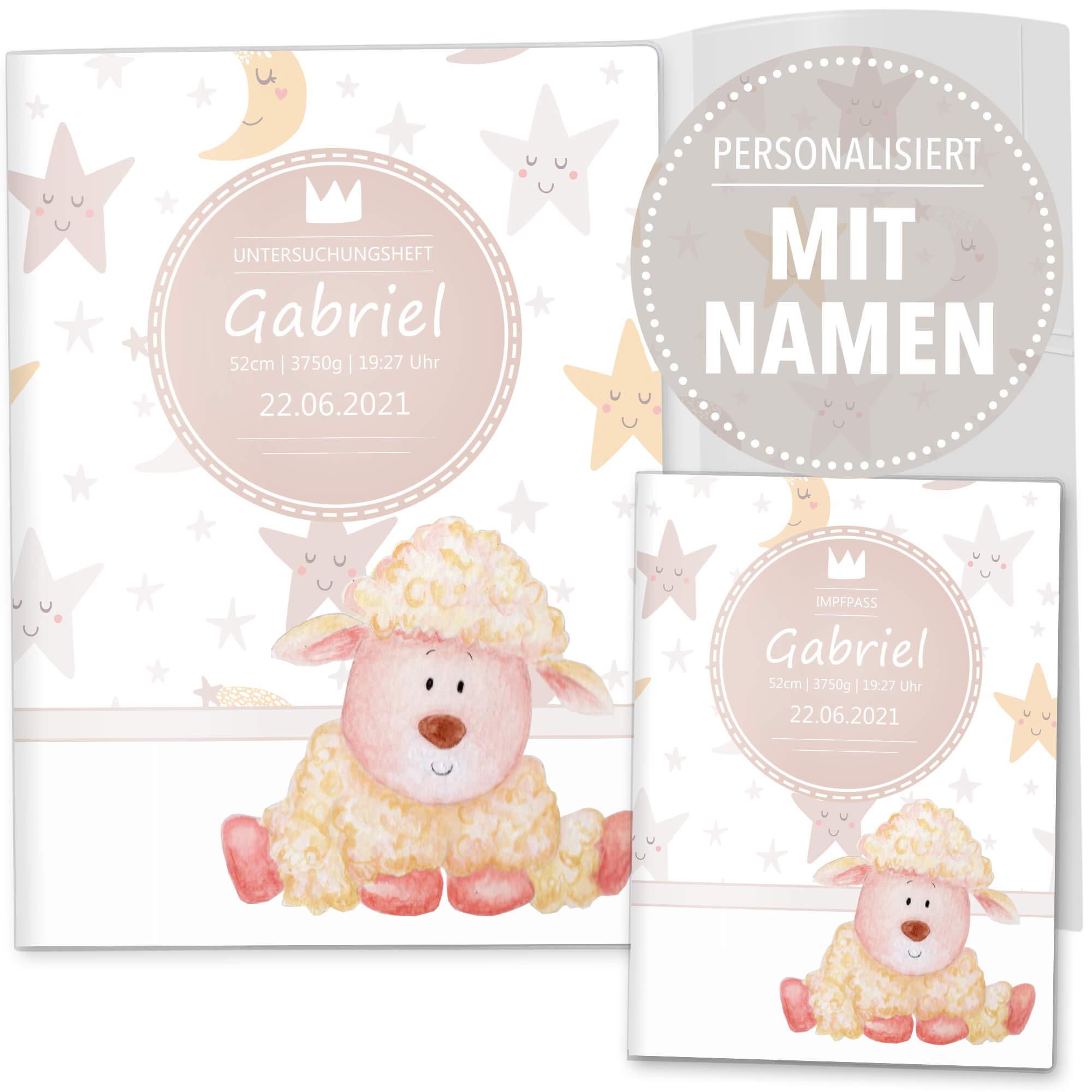 OLGS U-Heft und Impfpasshülle Set 3-teilig | Sleepy Mond und Sterne | Untersuchungsheft & Impfpass Hülle personalisierte Geschenke Baby | Babygeschenk (U-Heft Set 3-teilig personalisiert, Schaf)