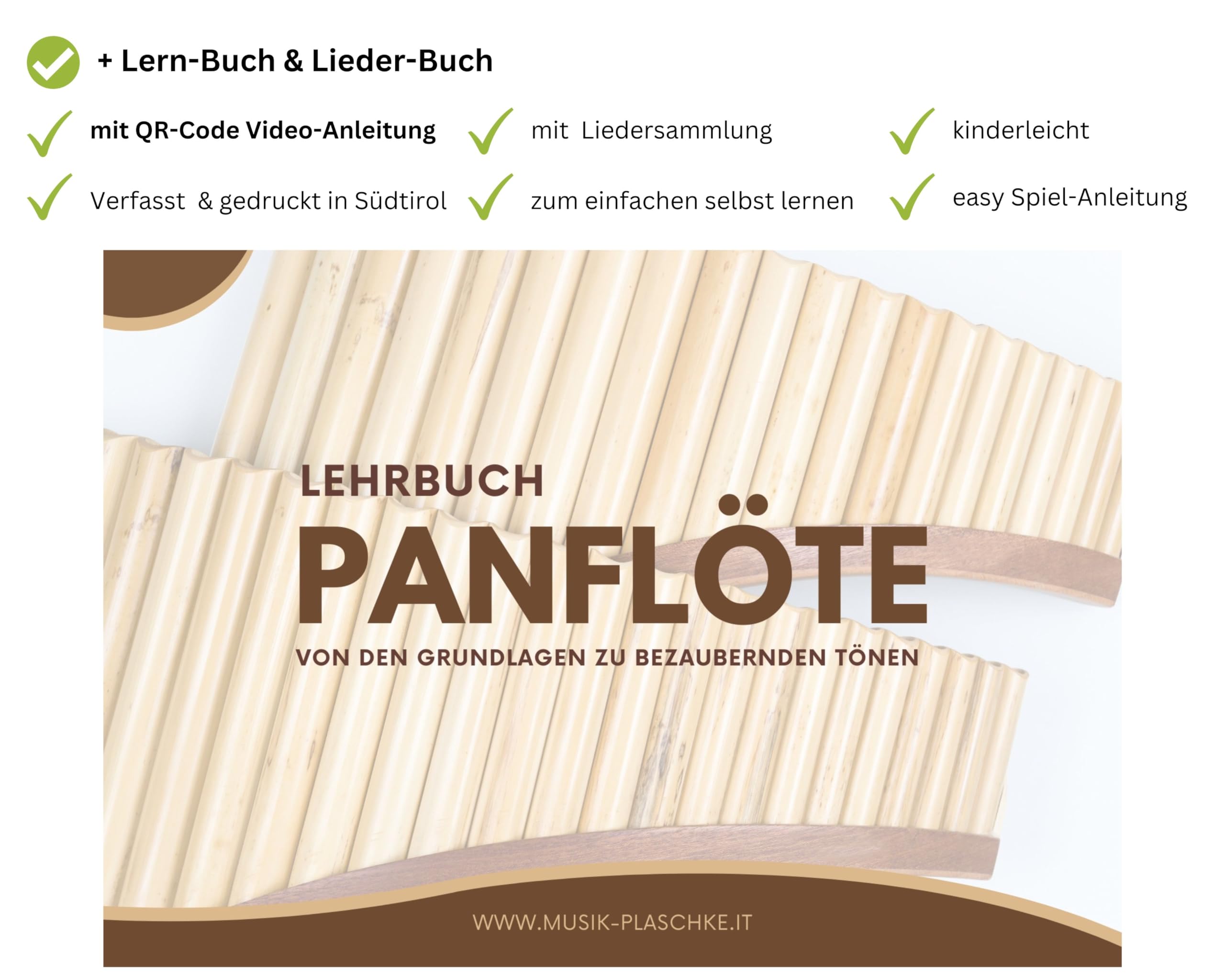 Plaschke Panflöte, Holzriemen Design, handgemacht mit Lehrbuch, 15 Rohre C-Dur