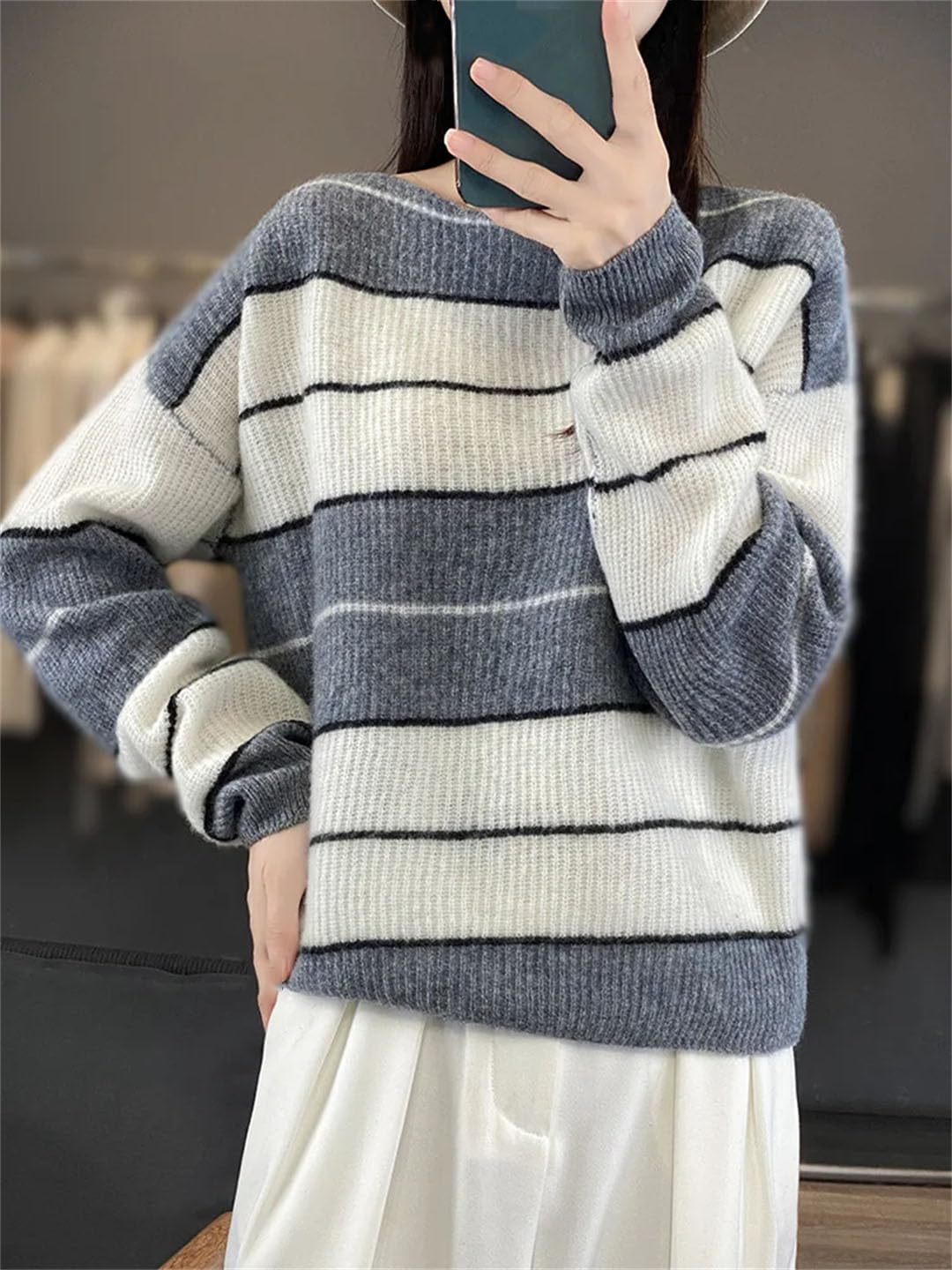 Vogrtcc Damski sweter z długim rękawem oversize sweter wełniany w paski na co dzień kaszmirowa dzianina