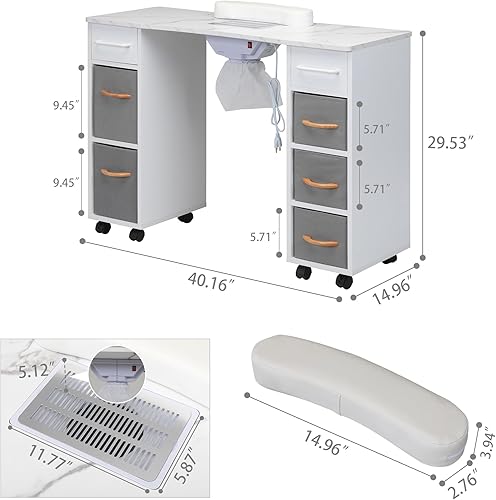 Miniatura 6 de JAXPETY Mesa de manicura de madera para uñas con colector de polvo eléctrico, cajones de almacenamiento, cojín de muñeca, estación de trabajo de
