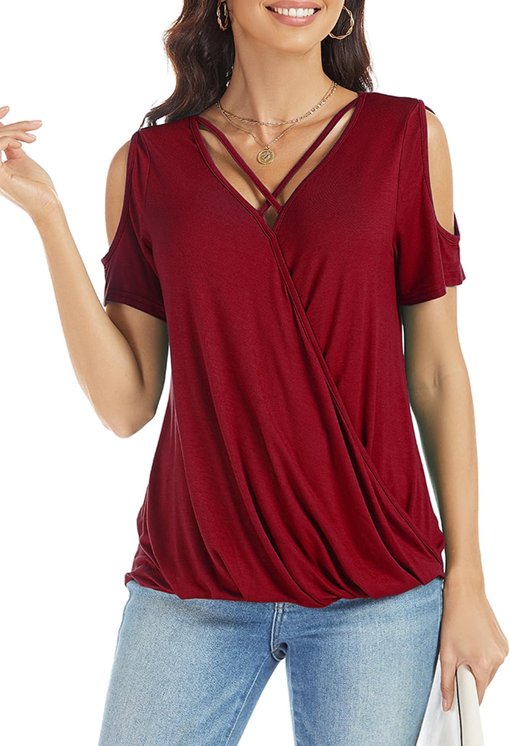 LEIYEE Womens Summer Cold Shoulder Tops Sexy Casual Short Sleeve Wrap V Neck T Shirts Cute Loose Fit Blouse - Image 3