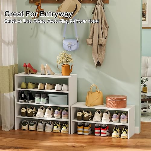 Miniatura 5 de Paquete de 2 zapateros blancos para armario, estante pequeño expandible de 2 niveles, organizador de zapatos apilable de madera de hierro, estantes