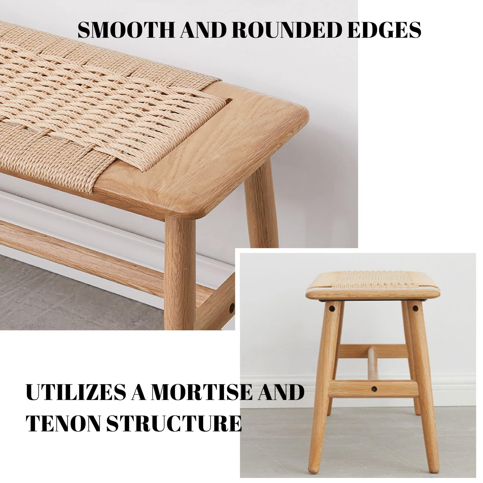 100% Solid Oak Wood Bench,Hand Woven Design,Solid Mortise and Tenon Construction-Solid Structure of Chair Legs,Woven Rattan Entryway Benchs/Dining Bench (Natural Oak,31.49”*11.81”*15.98”)