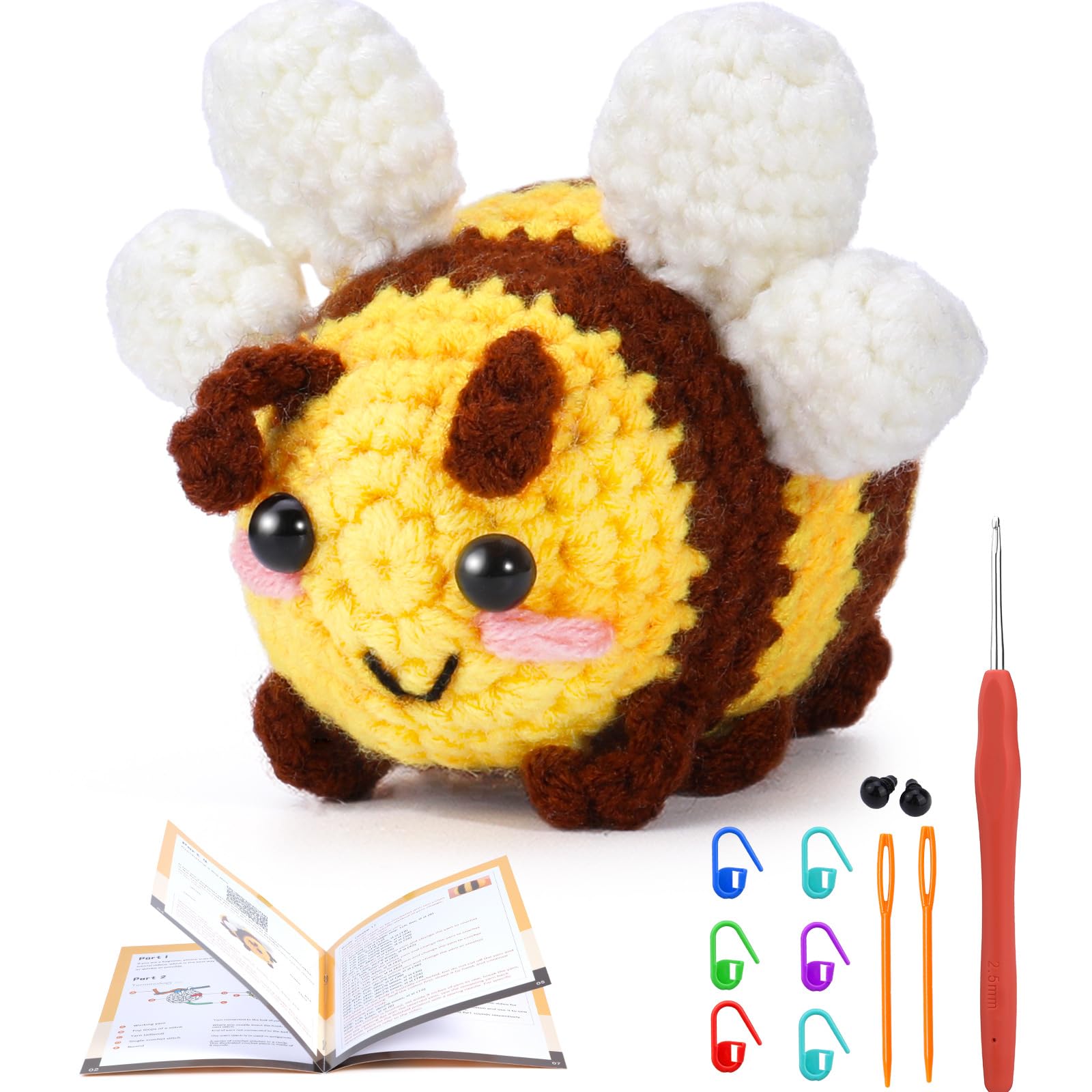 NDEMl Big Honey Crochet Material Pack, Handmade DIY Yarn Kit for Beginners, with Step-by-Step Video Tutorials and Enough Threads, Hooks, Accessories