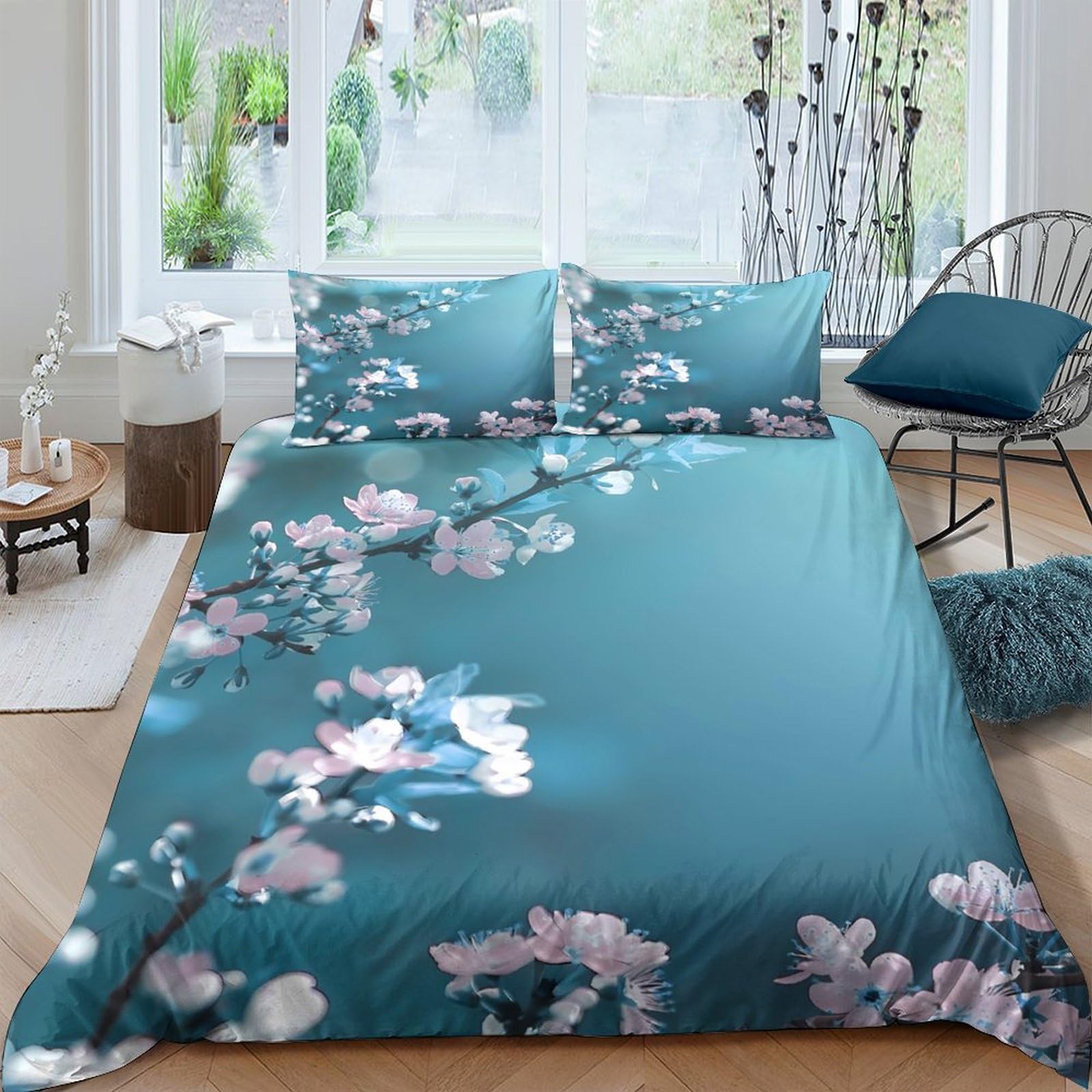 Ctjqhvkz Style-8 3D Printed Teal Sakura Fitted Sheet Microfiber Soft Floral Bed Cover For Bedroom Guest Room Dustproof Washable Single（135X200cm）