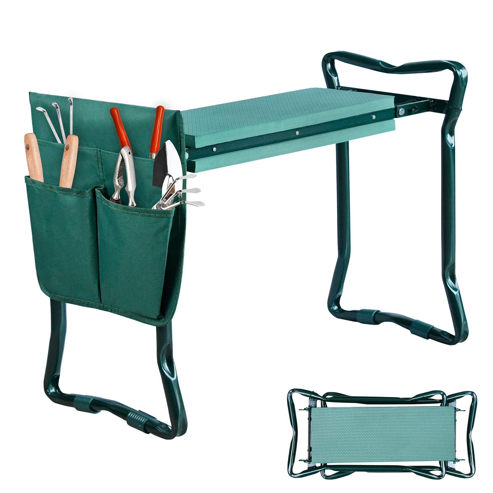 UISEBRT Banc de jardin pliable avec sac à outils pour le jardin et coussin en mousse EVA Jusqu'à 150 kg