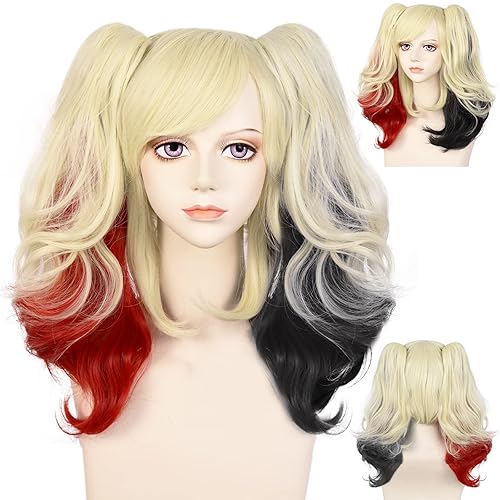 Miniatura 2 de JoneTing Peluca rubia para cosplay, peluca sintética roja degradada negra con colas de caballo para anime, cosplay, rubio, rojo, degradado, negro,