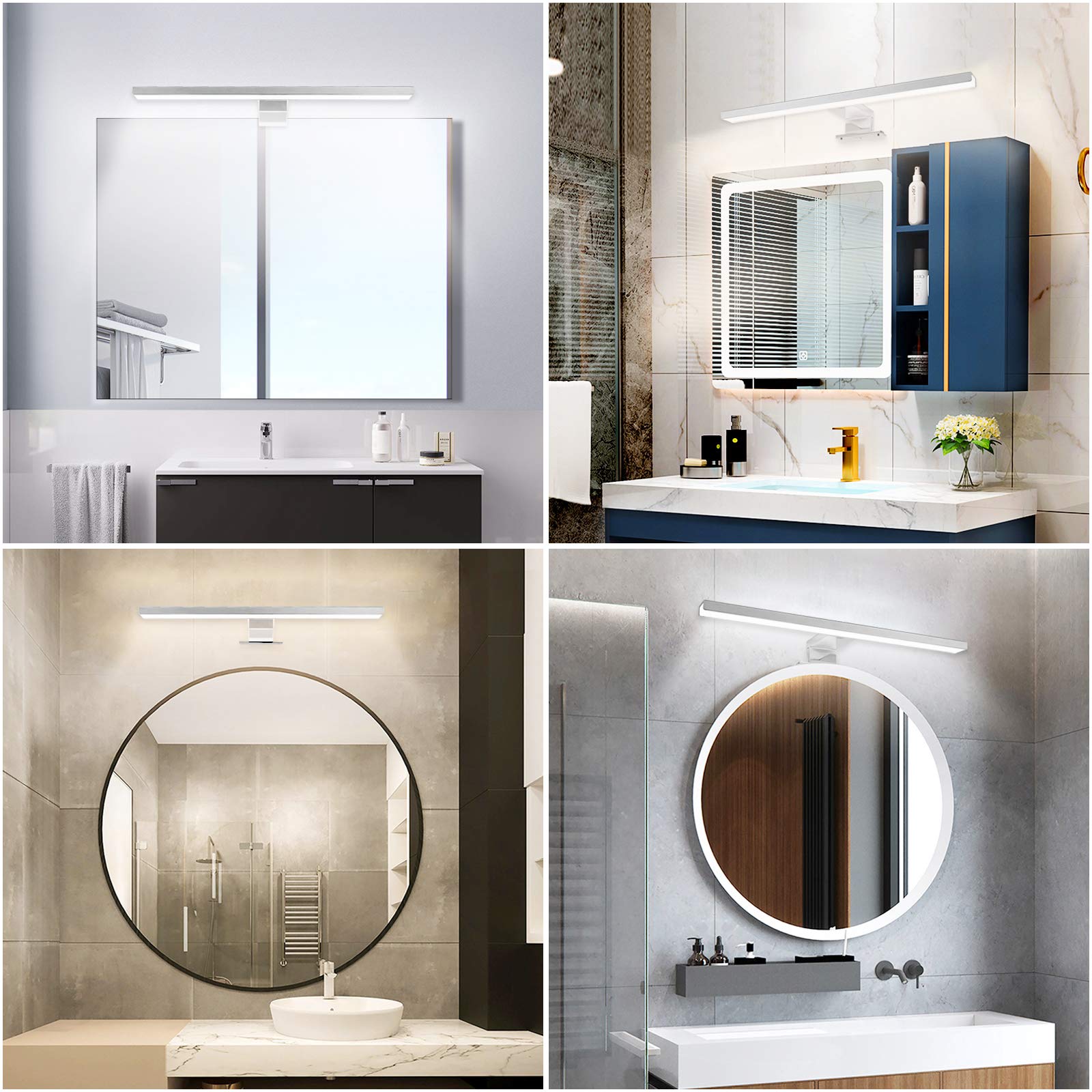 APONUO Lámpara LED de Baño 60cm | Espejo de Luz 15W | 4000K | 6000K | 1500lm | IP44 | Iluminación de Armario de Maquillaje de Acero Inoxidable 600mm Con Interruptor