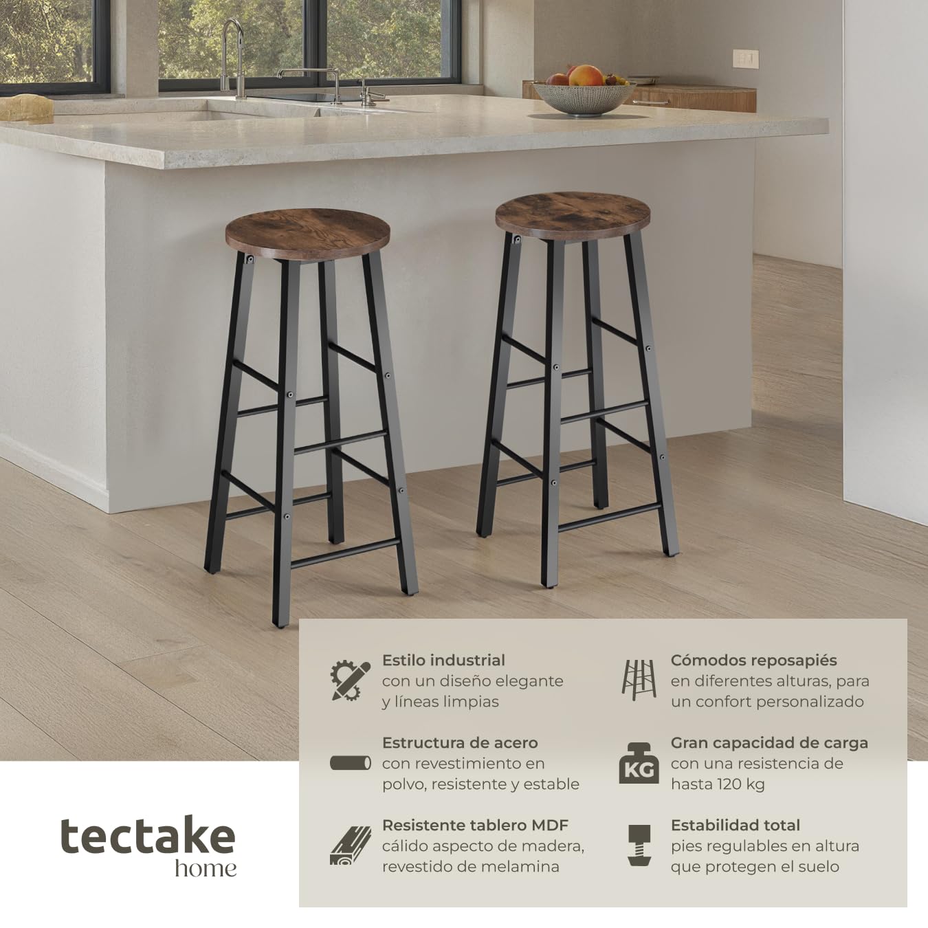 tectake® Juego de Taburetes de Bar con Estilo Industrial, para sillas Comedor, Taburete Alto Cocina, sillas de Comedor, Barra de Cocina - 31 x 31 x 72,5 cm Madera Industrial Oscura, Rústica