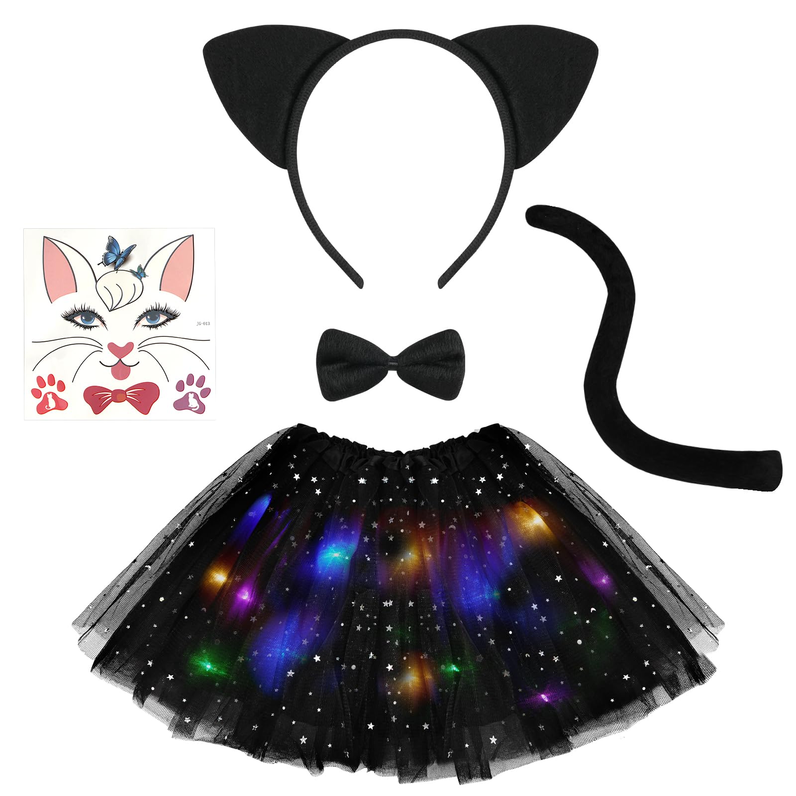 AOOWU Cat Costume Set for Kid, 5PCS Animal Costume Set Light Up Tutu Skirt with Cat Ear Headband Tail Bow Tie Cat Sticker, Animal Fancy Costume Cat Animal Fancy Dress for Halloween Theme Party Cosplay