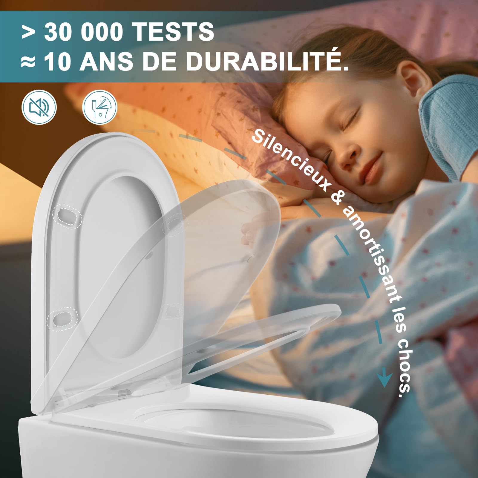 Abattant de WC avec système d'abaissement automatique, 430 x 360 mm, court en D, siège de toilette en forme de D, blanc, lunette de WC Soft Close
