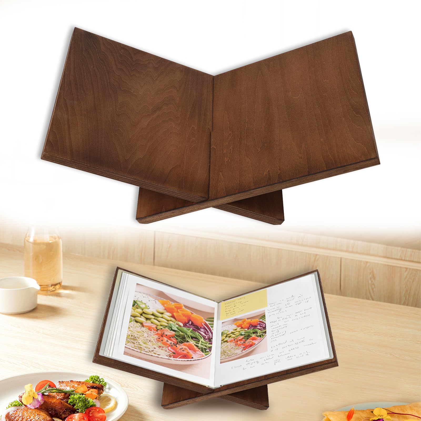 Porta Ricette Cucina, Poggia Libro Ricette in Legno, Leggio per Libri Aperti, Supporto da Lettura per Libri di Ricette, Cavalletto Espositore in legno per Riviste, Libro d'Arte