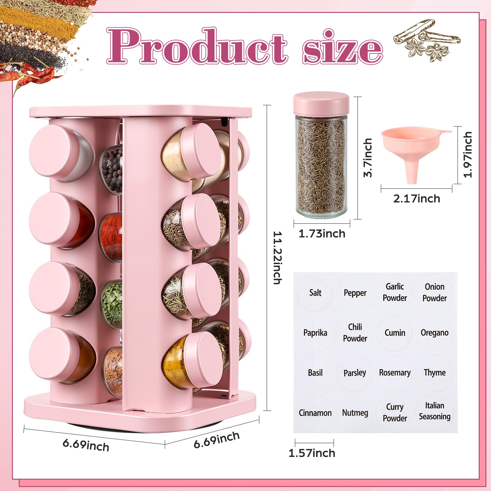 Yungyan Rosa quadratisches drehbares Gewürzregal Gewürz-Organizer mit 16 leeren Gläsern, Gewürzbehälter-Set mit Etiketten und Trichter, drehbares Gewürzregal für Küchenzubehör