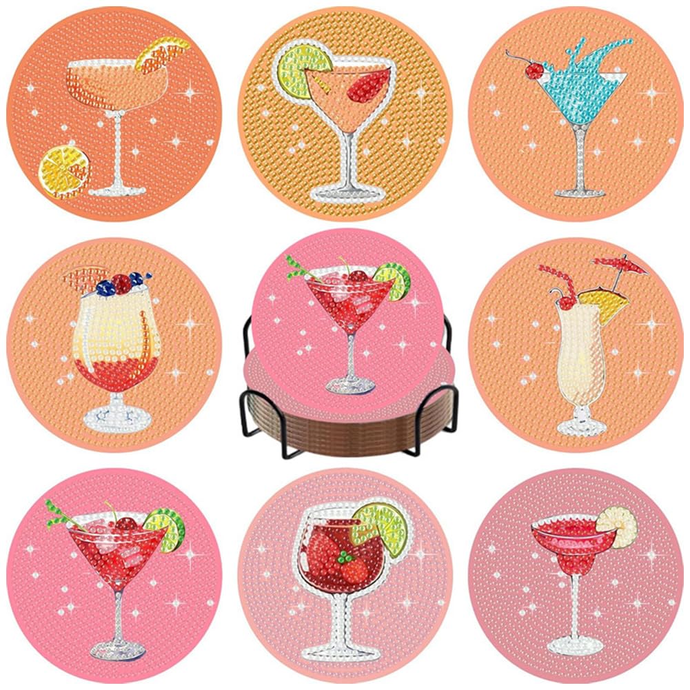 Jynkchrenzic Pink, Orange 8 Pcs Cocktails Diamond Art Coasters Kits Diy Retro Cocktail Diamond Painting Coasters Kits With Holder Cocktail Pattern Diy Mosaic Kits Round Non Slip Coaster Crafts For Adults