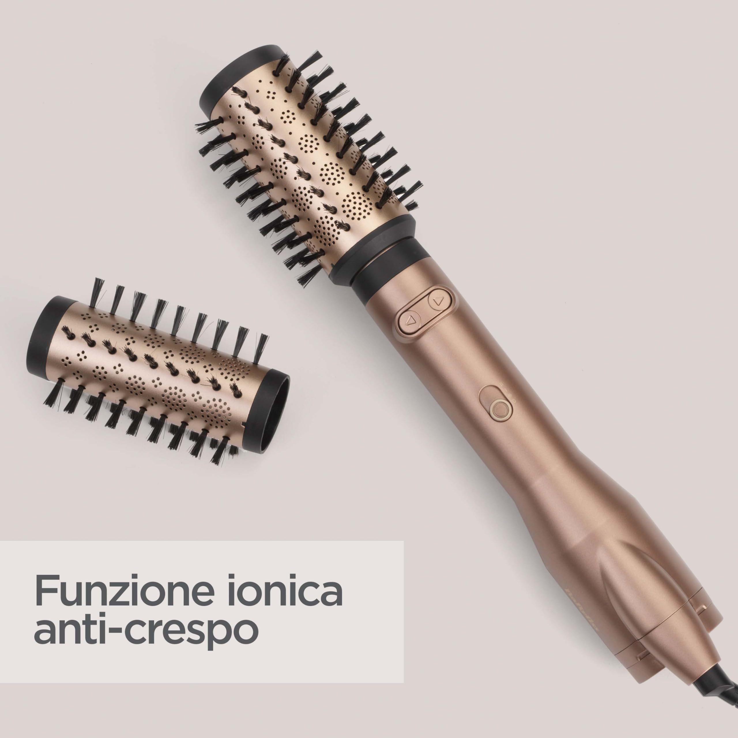 BaByliss Big Hair Dual Spazzola ad aria rotante, funzione ionica, 2 accessori spazzole da 50mm e 40mm, 2 direzioni di rotazione, 2 temperature + aria fredda, nero e oro, AS952E