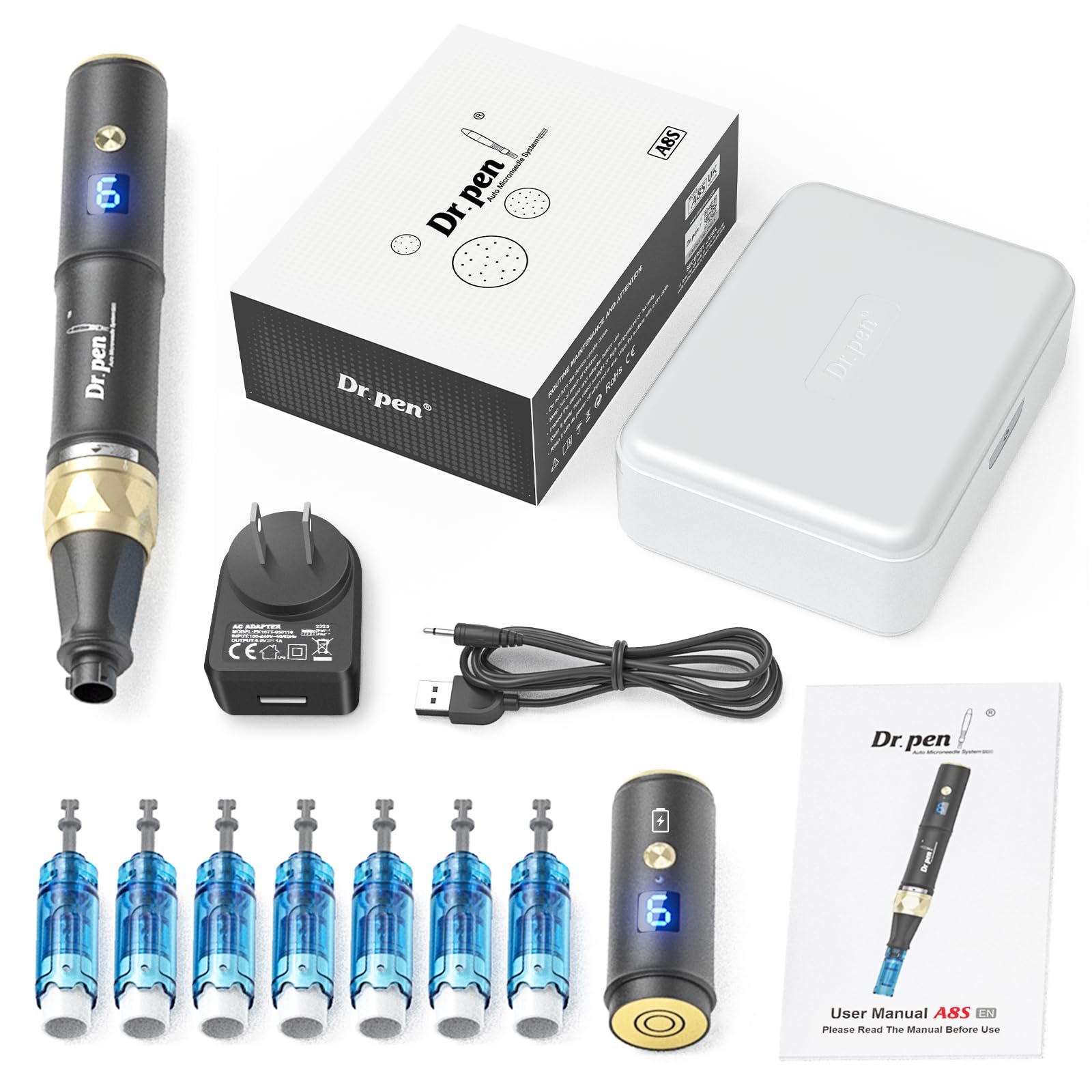 Dr. pen Ultima A8S Microneedling Pen – Innovatives Zwei-Ersatzkopf-Design | Originalprodukt, kabelgebundener Modus für langanhaltende Nutzung & drahtloser Modus ideal für Ausflüge/Reisen, 7 Cartridges
