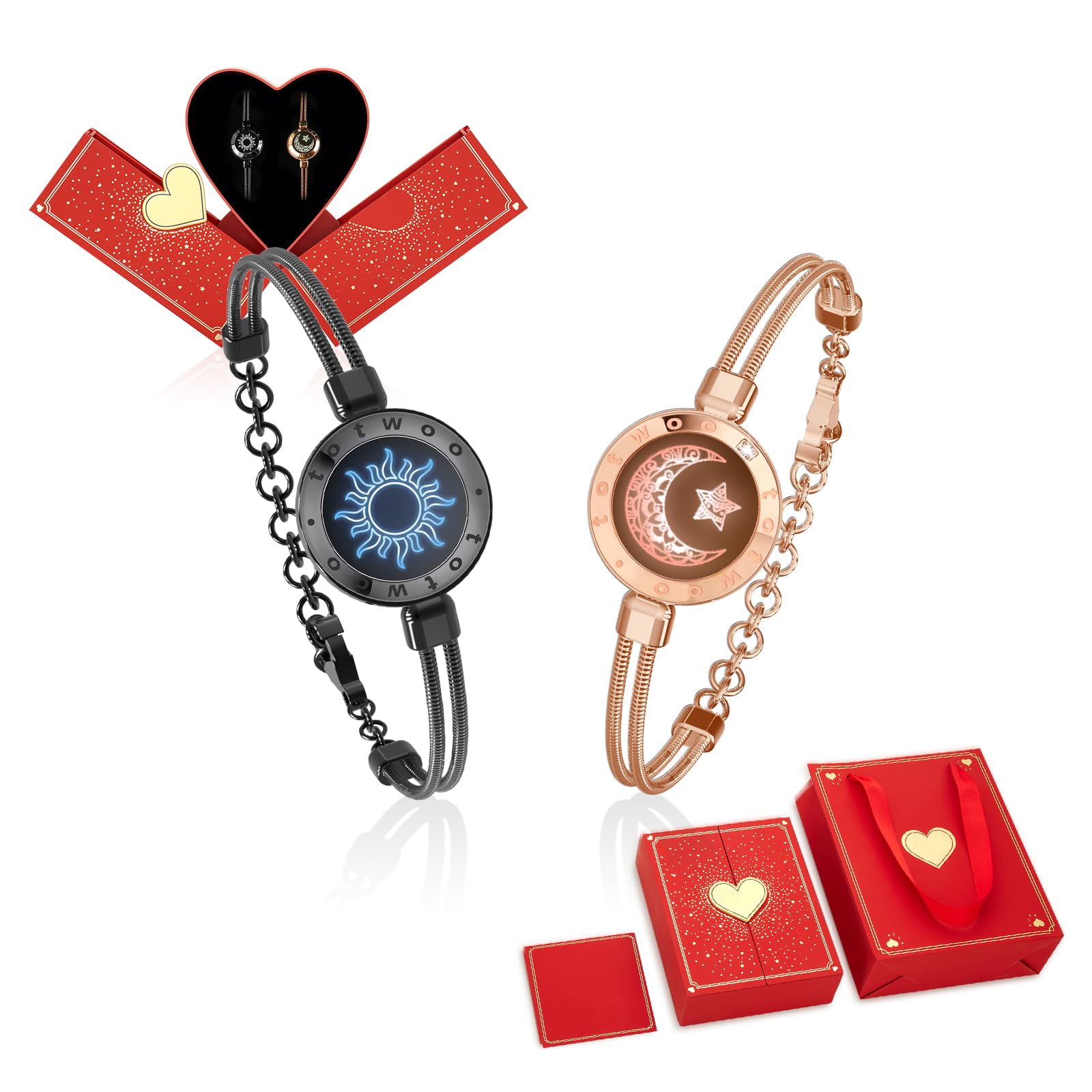 TOTWOO Long Distance Touch Bracelets for Couples, Smart Light & Vibration Love Jewelry, Long Distance Valentines Day Gifts for Him Her Women Men, One-to-One Bluetooth Pairing via App