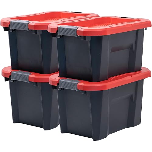 CRAFTSMAN CX 10-Gallon Heavy Duty Storage Bins with Dual Latching Lids, Stackable Plastic Storage Bins, Weather-Resistant Design, Home Organization, American Made, 4 Pack (12.7”H x 15.7”W x 22.7”D)