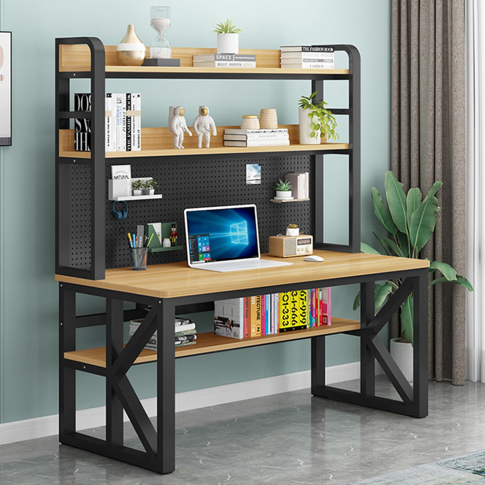 WDSOPK Modern Computer Desk with Storage Shelves & Pegboard for Home Office Large Study Writing Workstation Table for Students（Natural+black-31Inch）