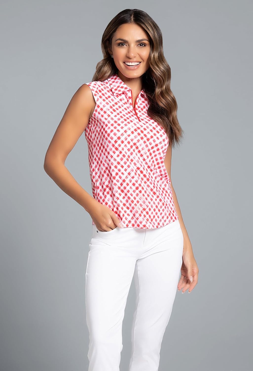 IBKUL Athleisure Wear Sun Protective UPF 50+ Icefil Cooling-Gingham Check Print Sleeveless Polo-14876