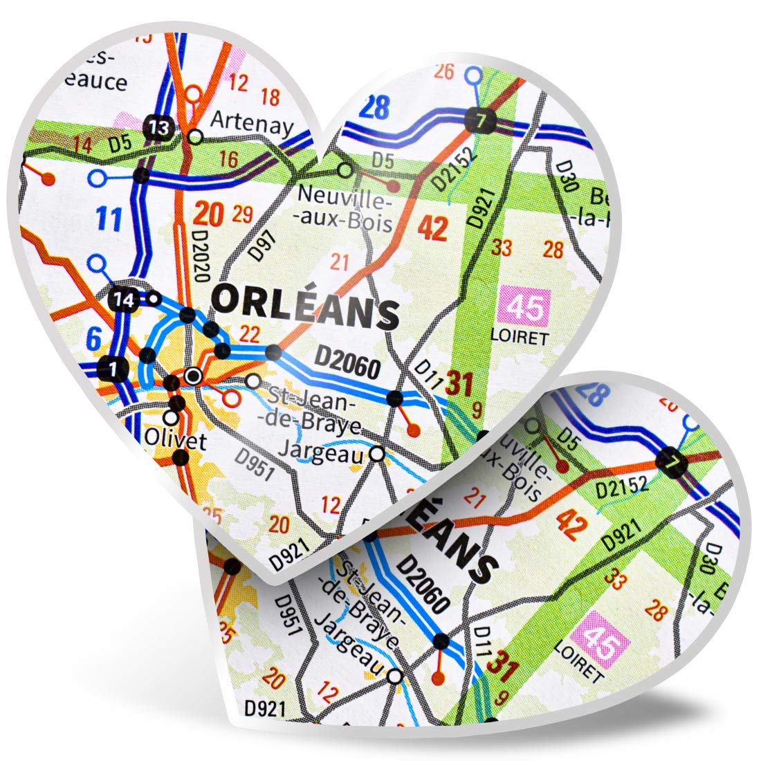 Destination Vinyl Ltd Multi 2 X 7.5Cm Heart Stickers - Orleans City France French Travel Map Decals 45957