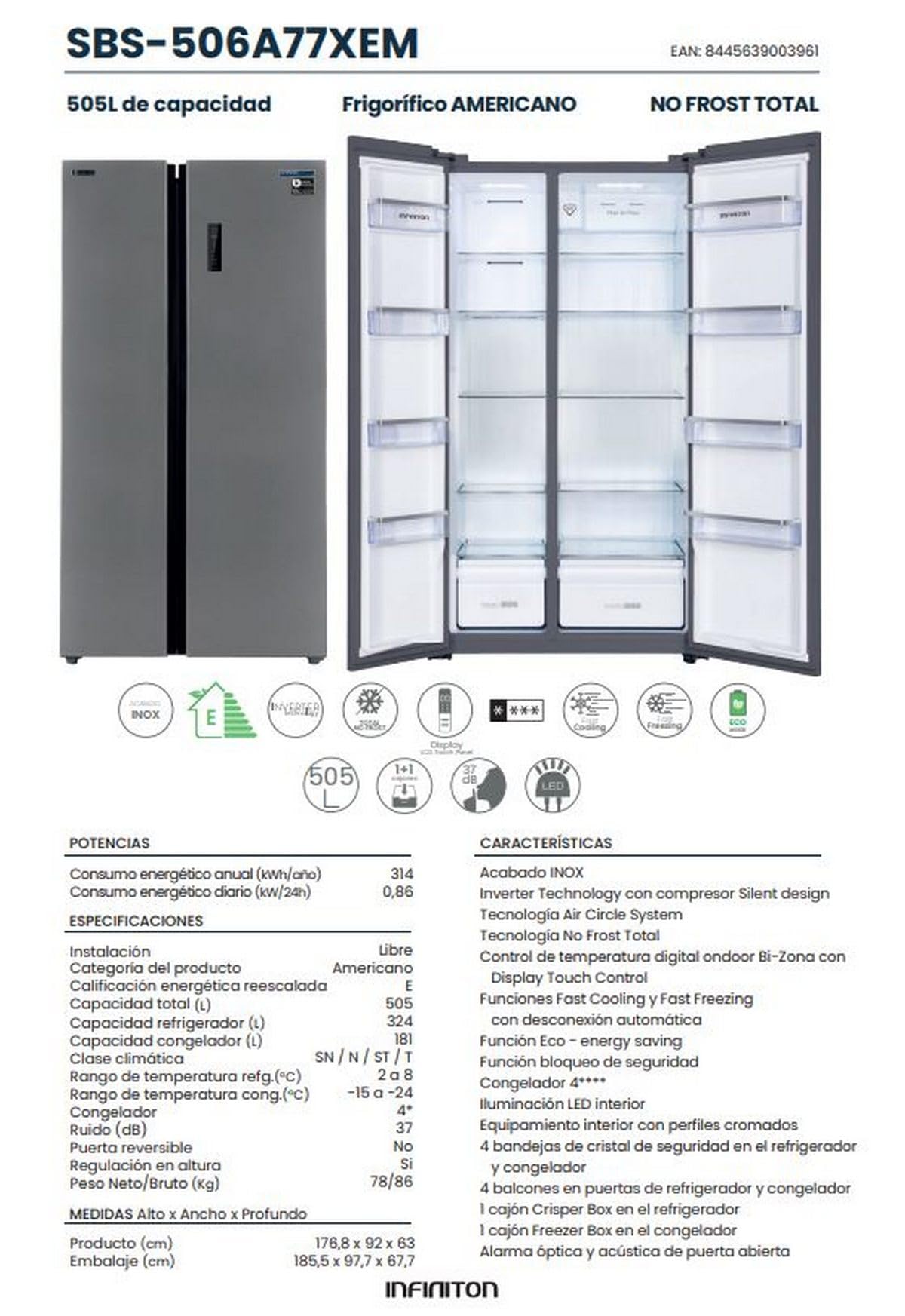 INFINITON Frigorifico Americano SBS-506A77XEM, 505 Litros, 177 cm de Altura, Inverter, Tecnología No Frost TotalFast Cooling y Fast Freezing, Función Eco, E, Inox