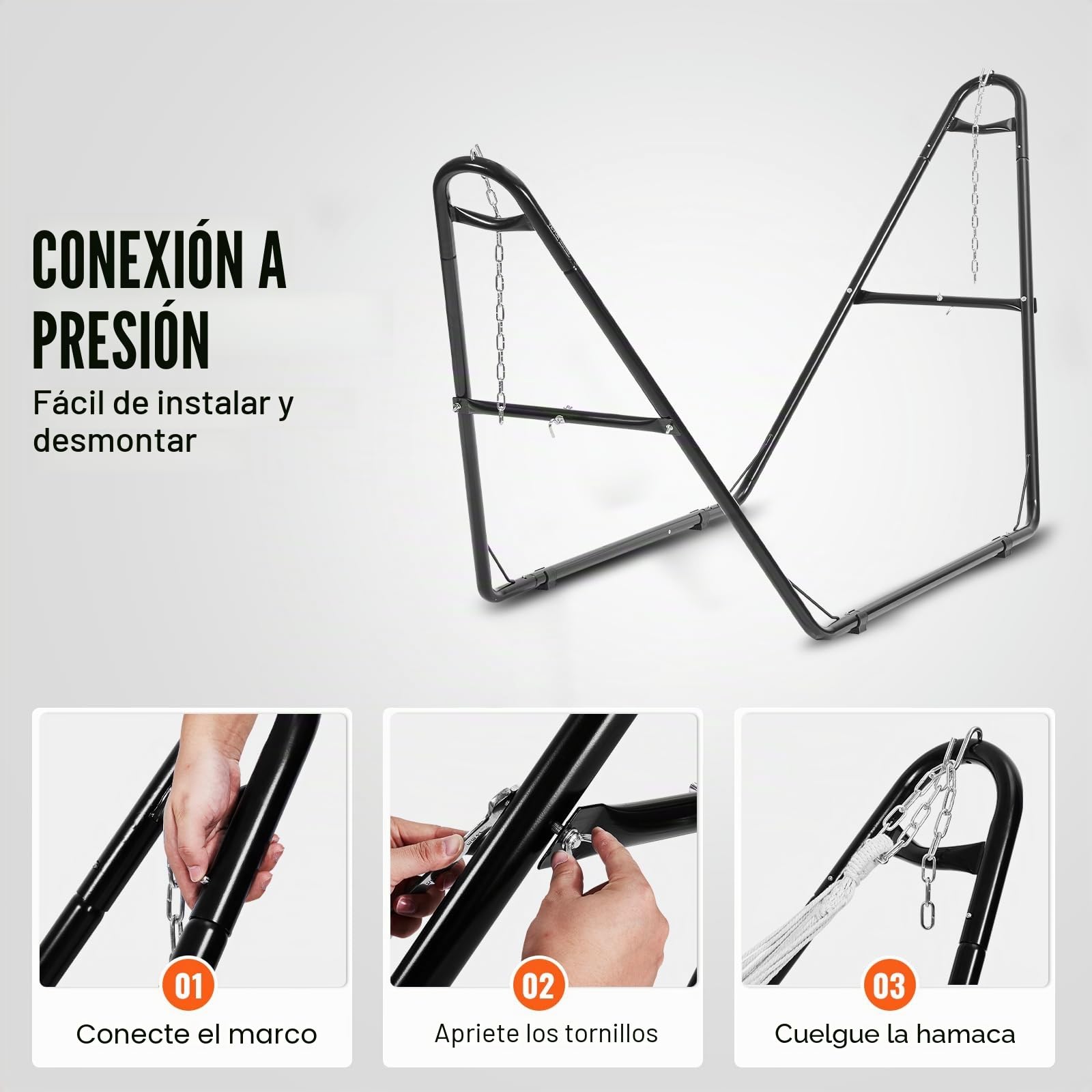 VEVOR Soporte para Hamaca Portátil Carga 250 kg Estructura de Acero Universal para Hamacas de 2,3-3,9 m Ajustable con Cadena, Gancho, Bolsa de Transporte, para Hamaca de 2 Personas Exterior Interior