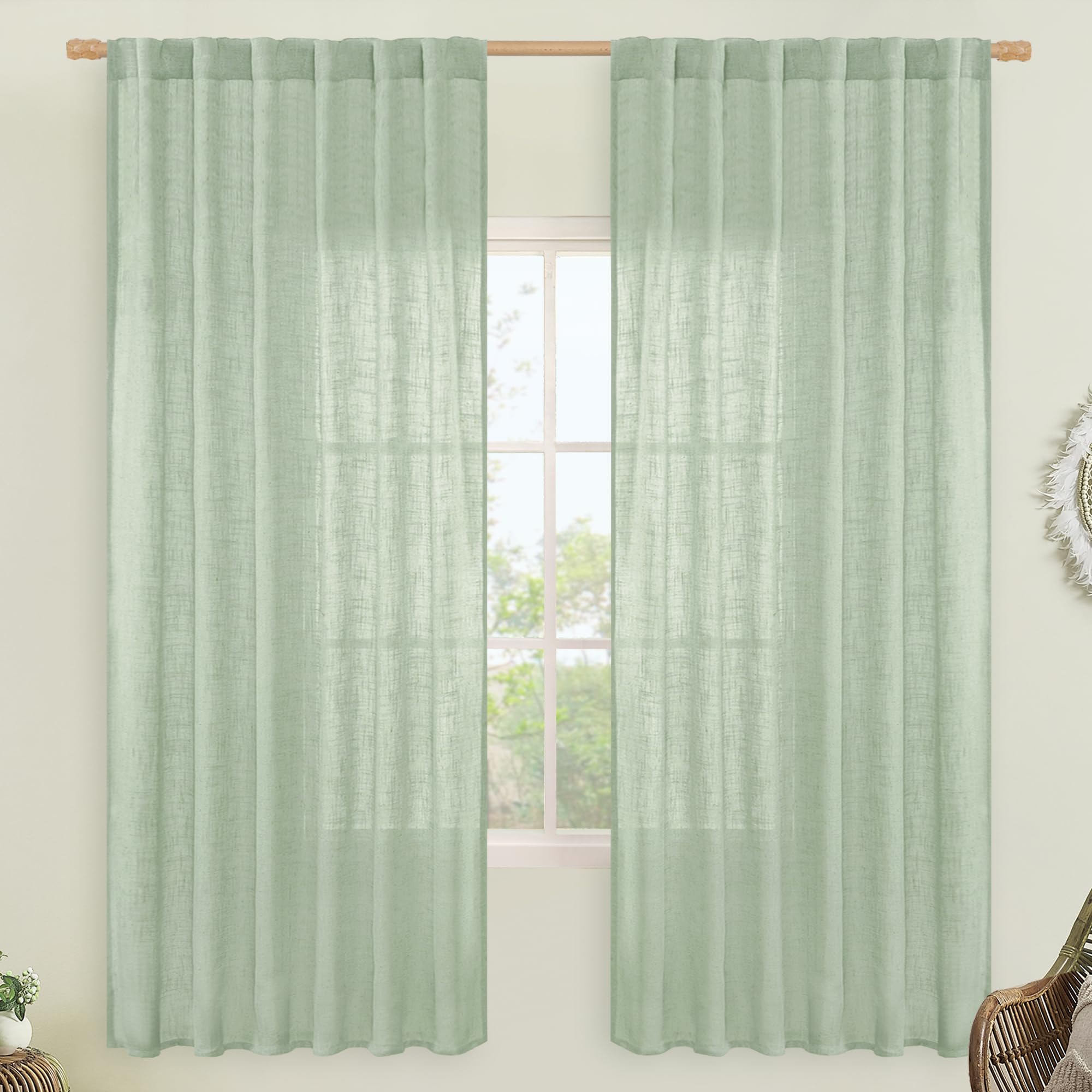 LAMIT Fresh Green 72 inch Linen Curtains for Living Room 2 Panels, Linen Textured Light Filtering Semi Sheer Back Tab and Rod Pocket Farmhouse Curtain Panels for Bedroom/Farmhouse, 52 x 72 Inch โ image 1