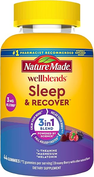 Nature Made Wellblends Sleep and Recover, Sleep Aid with Melatonin 3mg to Support Restful Sleep, plus L theanine 200mg and Magnesium Citrate, 44 Gummies