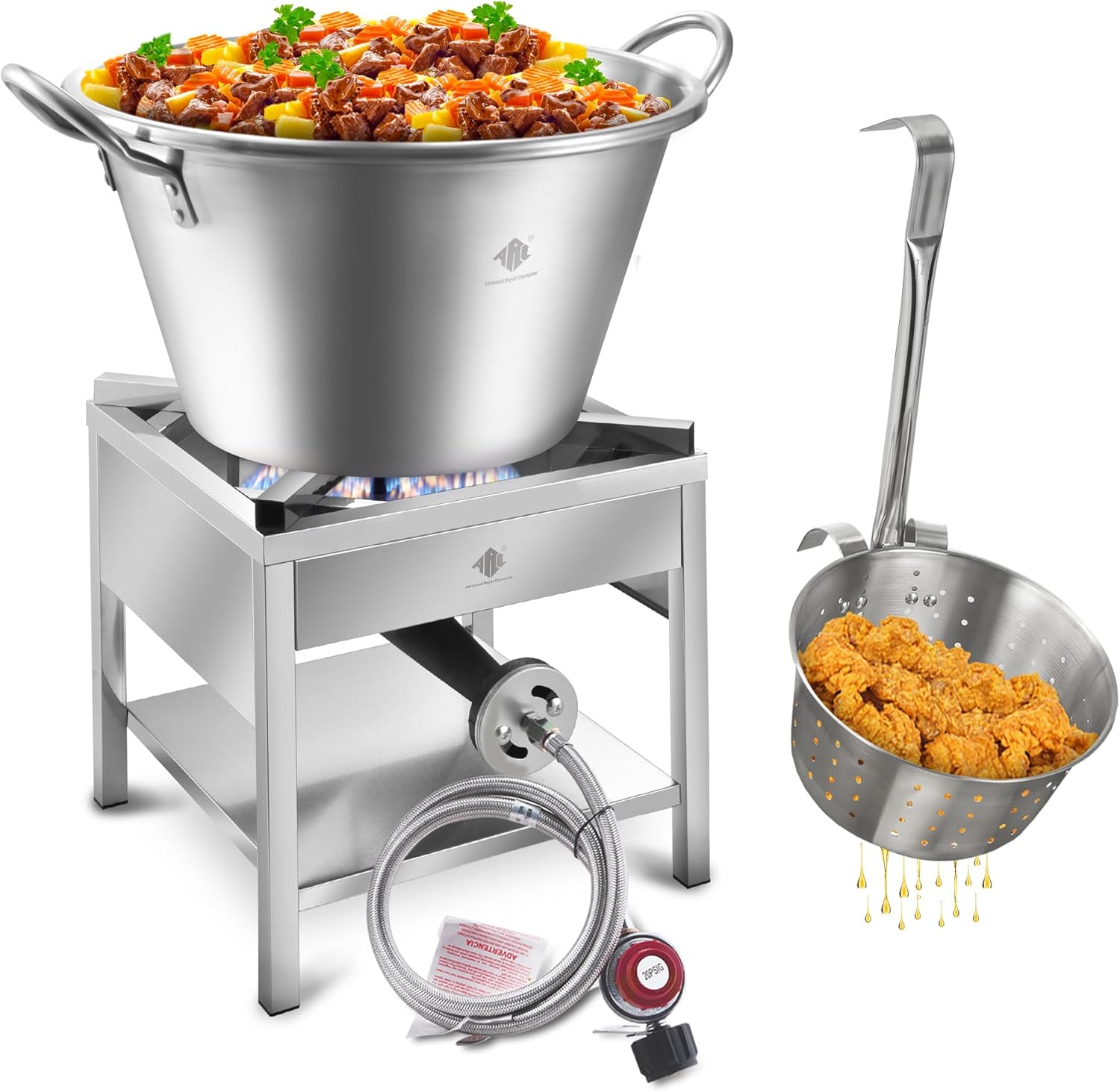 ARC 41QT Stainless Steel Mexican Cazo Para Carnitas Set, 200,000BTU Propane Burner,21" Heavy Duty Outdoor Wok With 11.8" Fry Strainer Basket, Great for Carnitas, Braising, Seafood Boiling