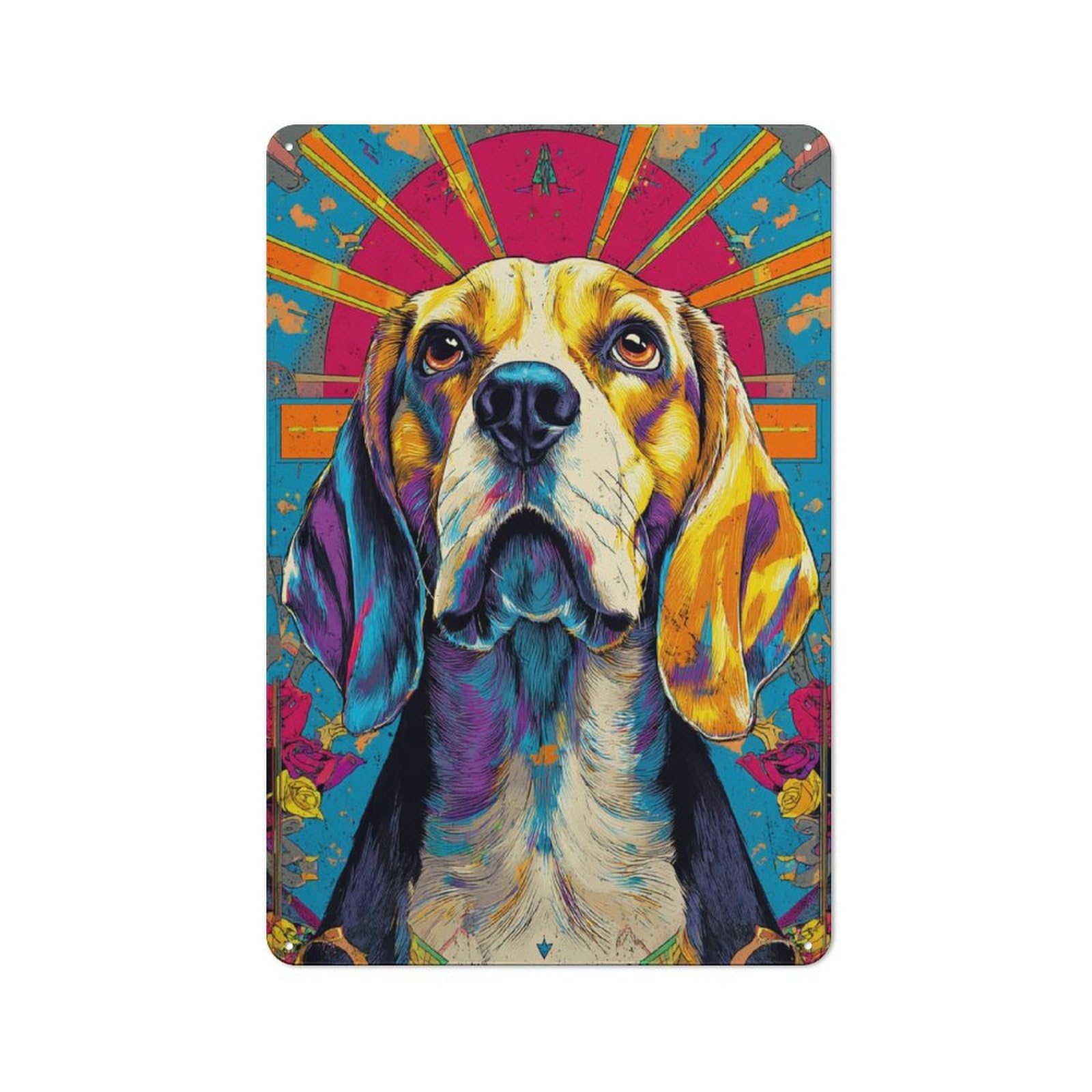 Junmoney Vibrant Beagle Portrait Artwork -2 Metal Wall Sign 30X20cm Featuring For Café Or Restaurant, A Decorative Metal Sign For Cafés And Restaurants