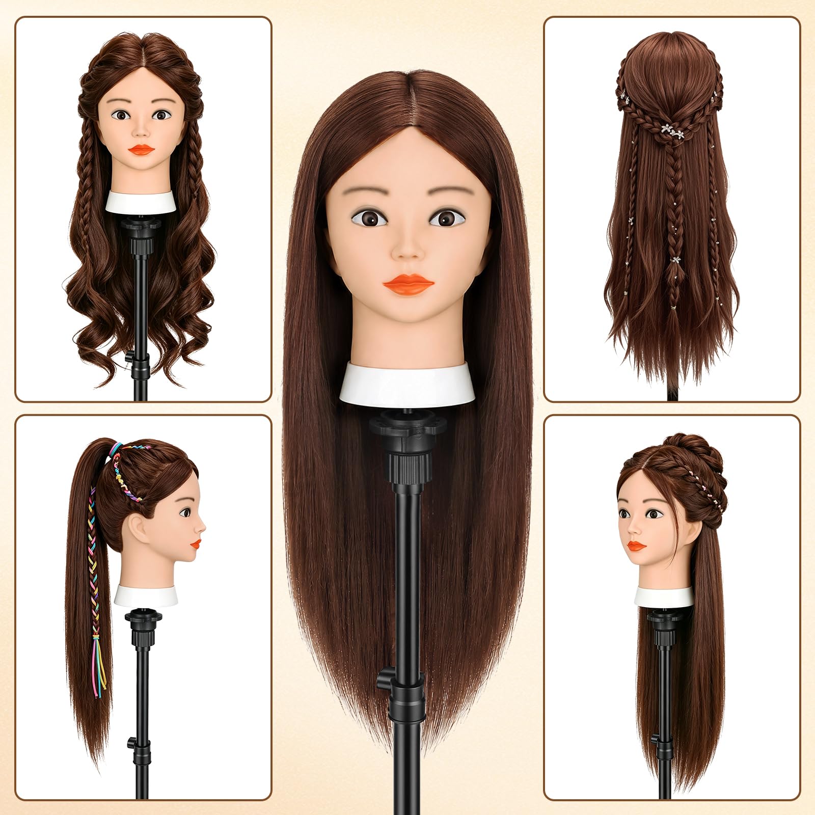 TwoWin Friseurkopf mit Haaren 26 Zoll 66 cm 80% Echthaar Mannequin Kopf Trainingskopf für Styling Friseurpraxis Dunkel Braun