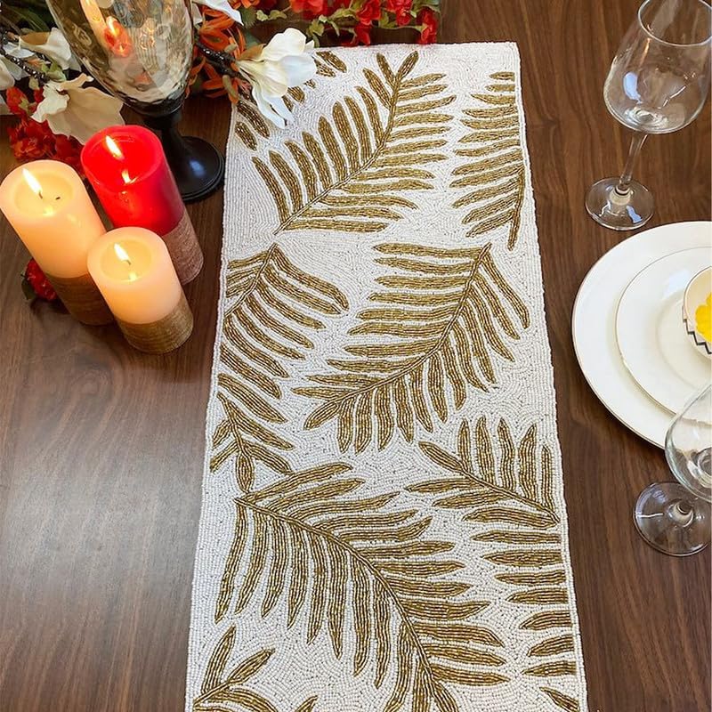 Image of Handmade Beaded Table Runner with Gold Leaf Design on White Beads, 13x36 Inches - Exquisite Dining Table Decoration, Elegant Home Decor for Thanksgiving & Special Celebrations