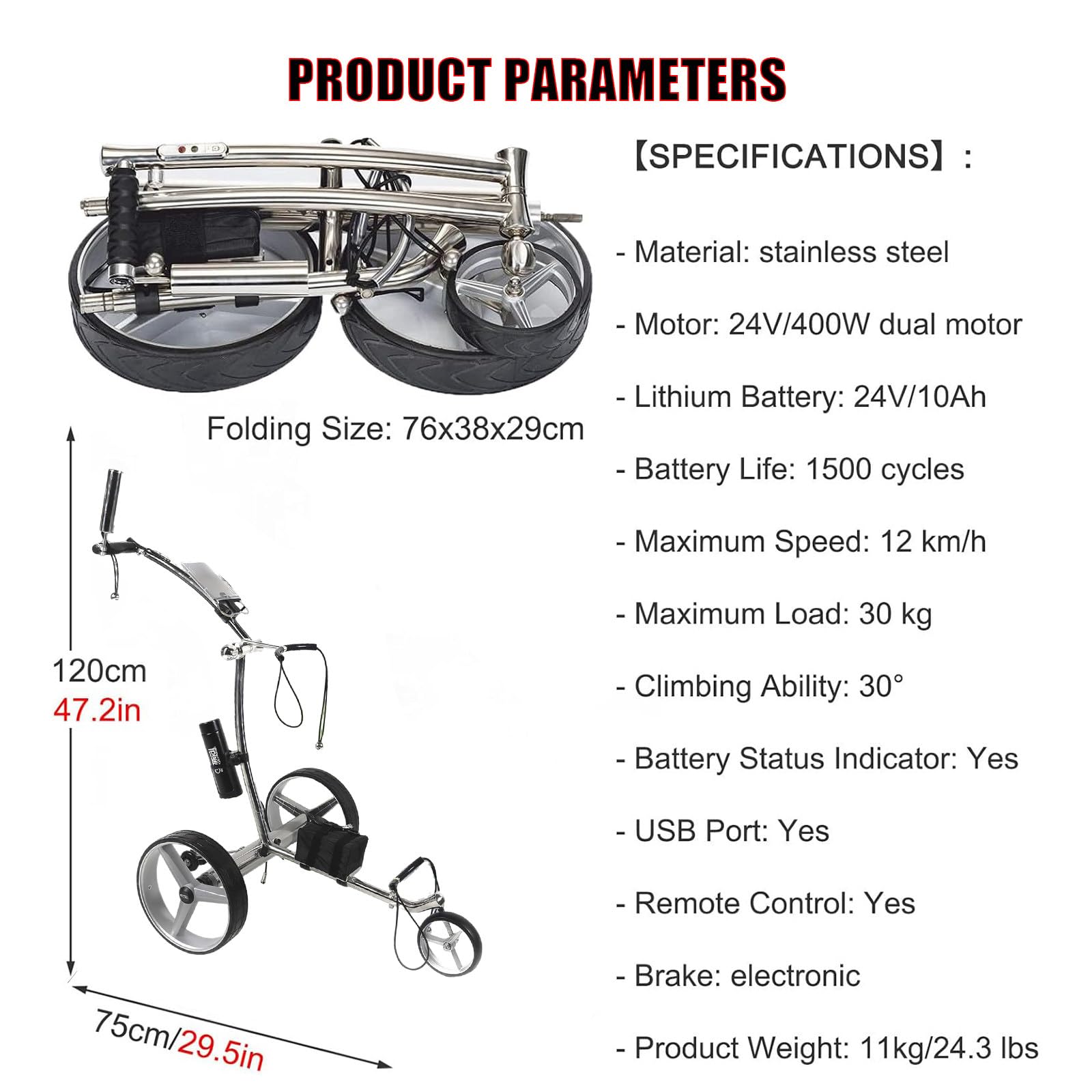 Carrito Eléctrico para Bolsa de Golf, Autonomía 20km, Mando, 3 Ruedas, Plegable y Manejable - La Solución para Golf Sin Fatiga