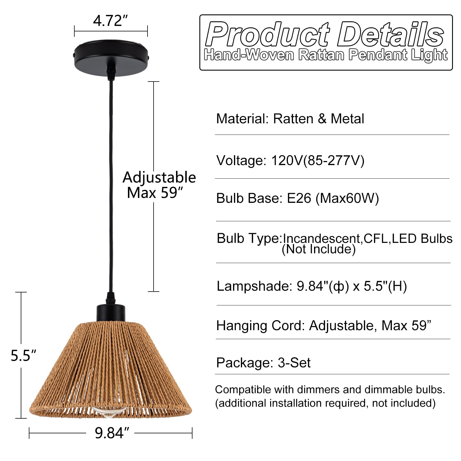 Hand Woven Rattan Pendant Light Fixture, Vintage 3-Pack Farmhouse 9.84" Bamboo Cone Pendant Lights, Modern Retro Boho Pendant Lighting for Kitchen Island, Bedroom, Dining Room, Entryway, Living Room