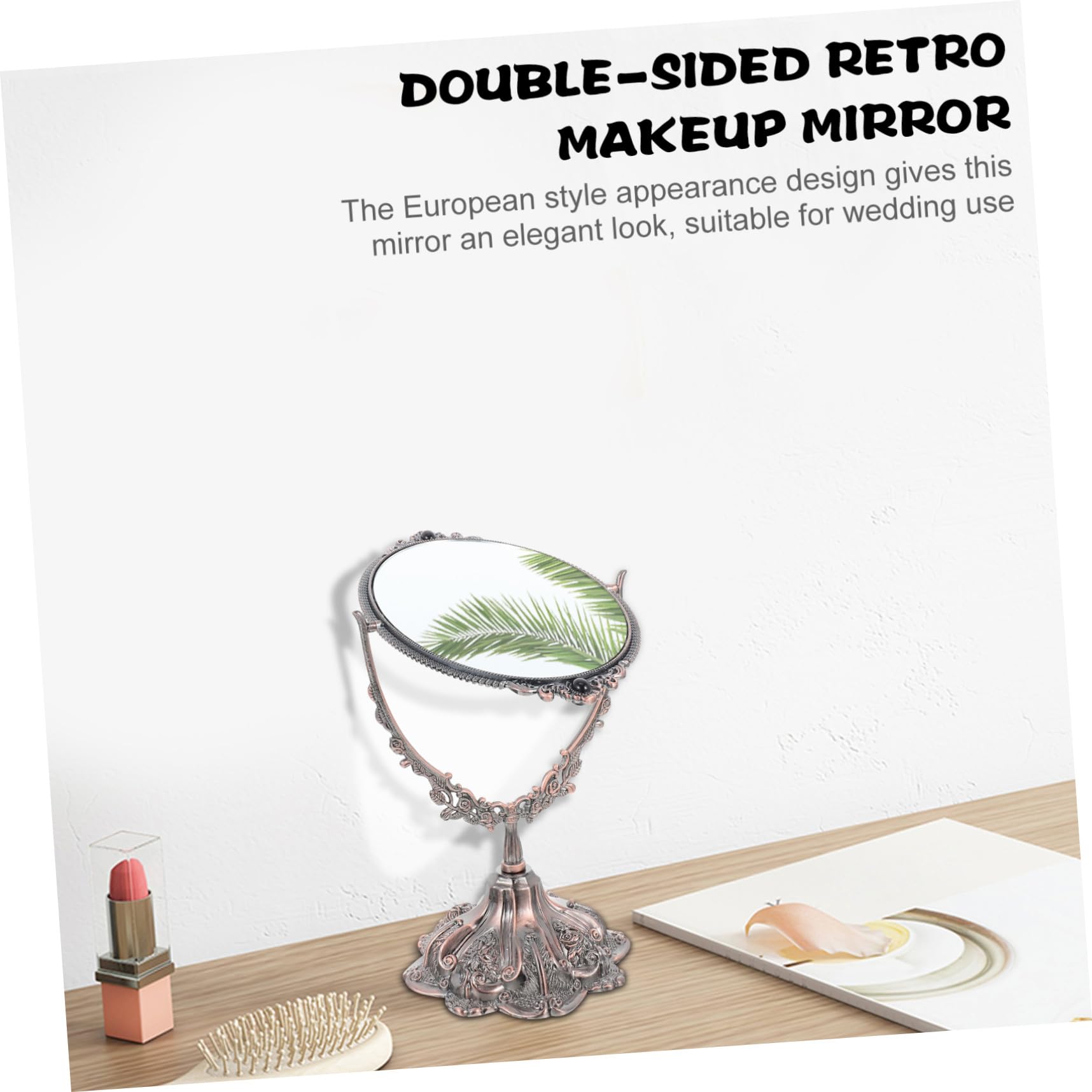 WOONEKY Doppelseitiger Kosmetikspiegel aus Zinklegierung im Vintage Stil | Schminktisch Geeignet, Stabile Standfläche mit Flachem Boden, Drehbar für Make Up und Hochzeit