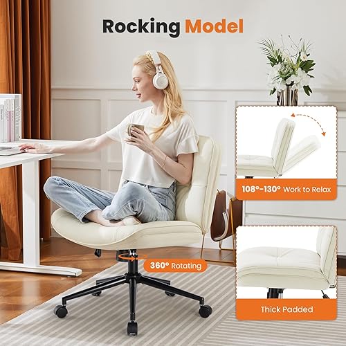 Miniatura 6 de Sweetcrispy Silla de Oficina Sin Brazos con Ruedas, Silla Amplia de Piernas Cruzadas, Sillas de Computadora Ajustables y Giratorias de Cuero