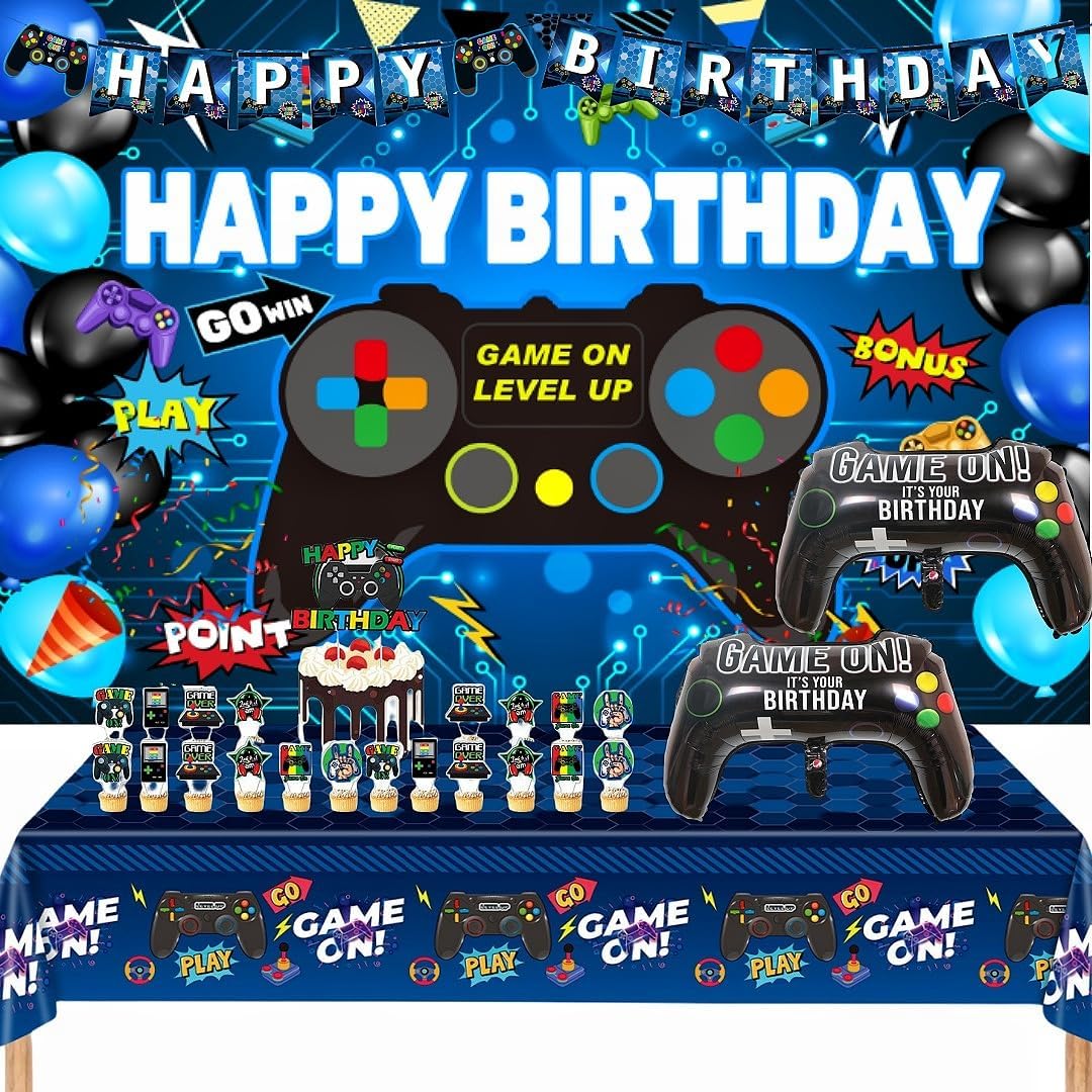 Video Game Birthday Party Decoration Kit, Includes Happy Birthday Banner, Cake Decorations, Tablecloth, Foil Balloons (blue (colour)) Video Game Birthday Party Decoration Kit, Includes Happy Birthday Banner, Cake Decorations, Tablecloth, Foil Balloons (blue (colour))