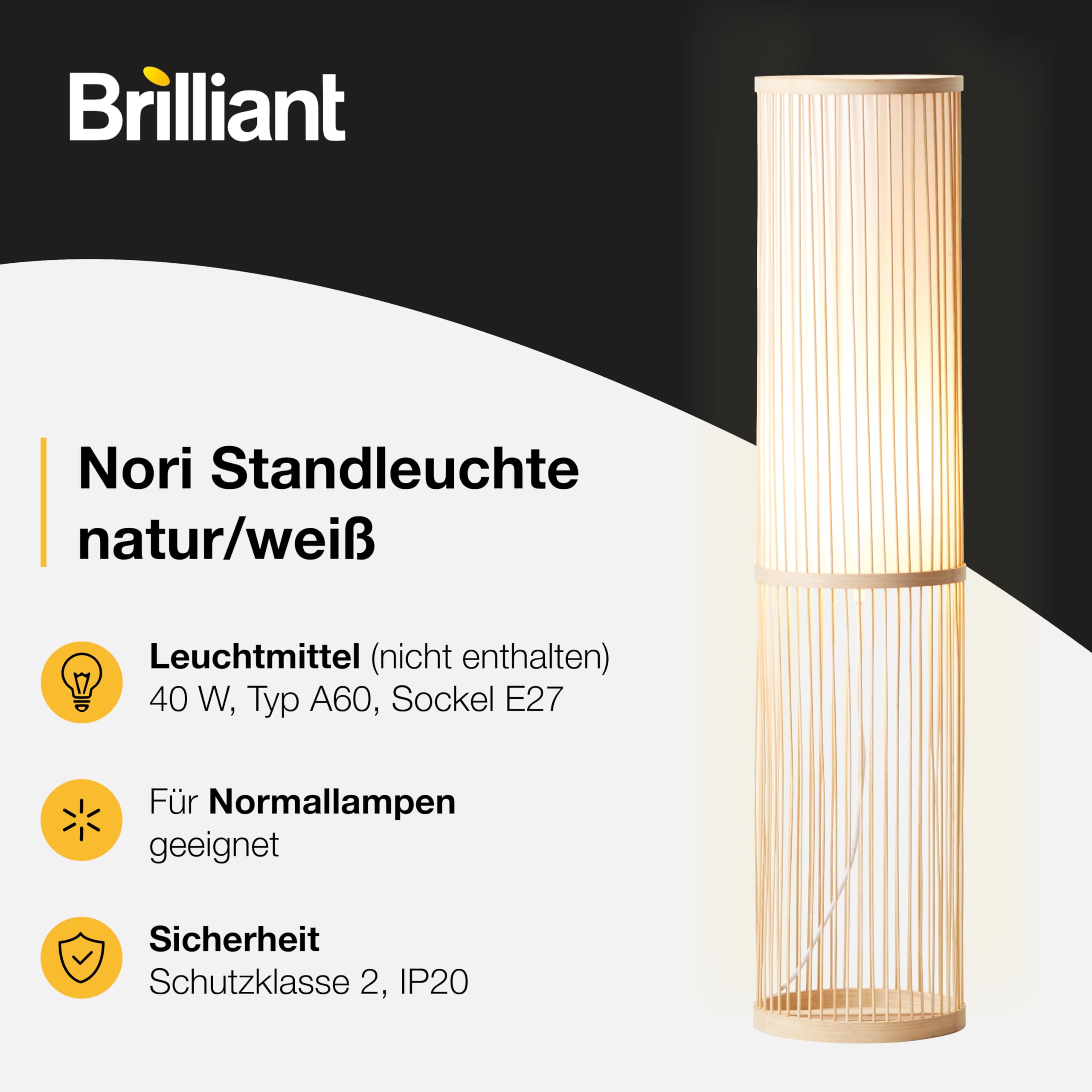 Brilliant Lampe Nori Standleuchte 1flg natur/weiß | 1x A60, E27, geeignet für Normallampen (nicht enthalten) | Mit Fußschalter