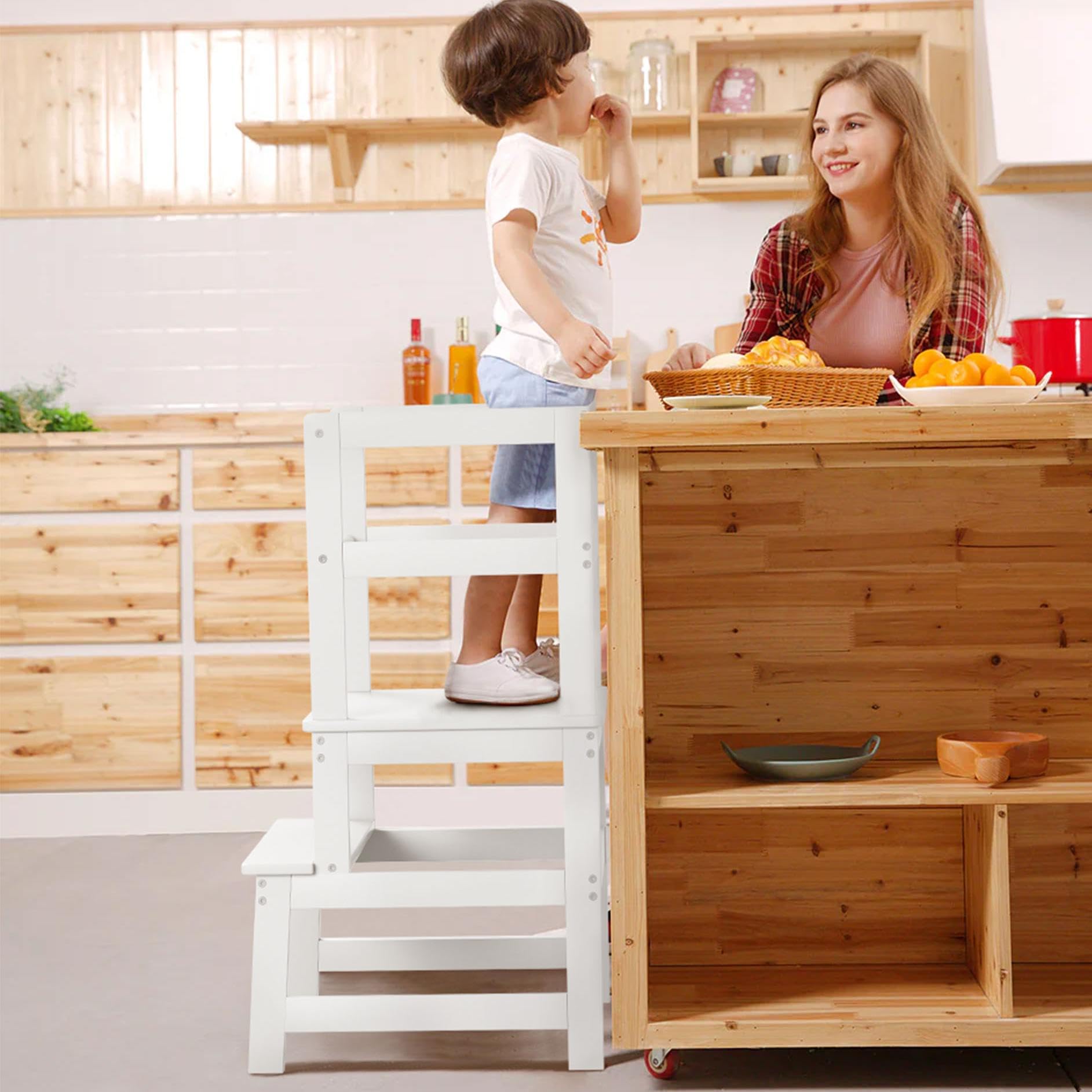 PEEKABU Kitchen Step Stool for Toddlers with Safety Rail, Wooden Toddler Standing Tower Kids Montessori Learning Stool Helper with A Anti-tip Structure for Kitchen Bathroom, Anti-Slip, White